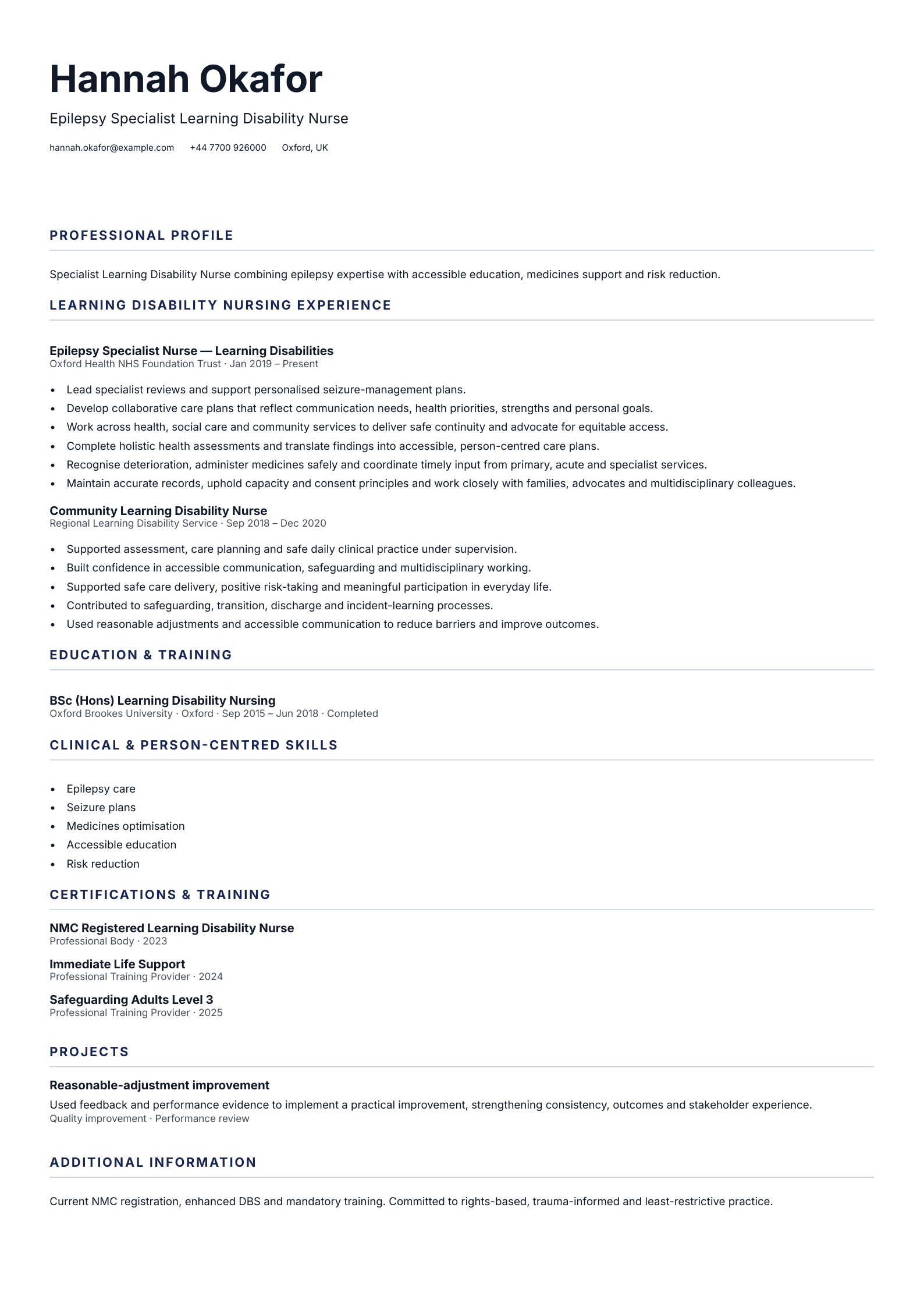 Epilepsy Specialist Nurse CV template
