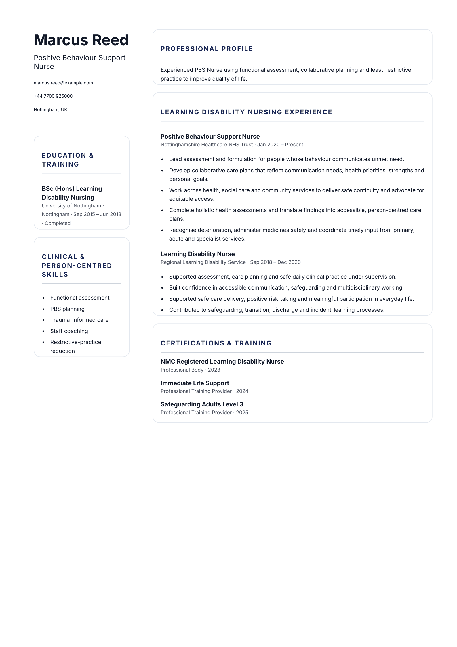 Positive Behaviour Support Nurse CV template