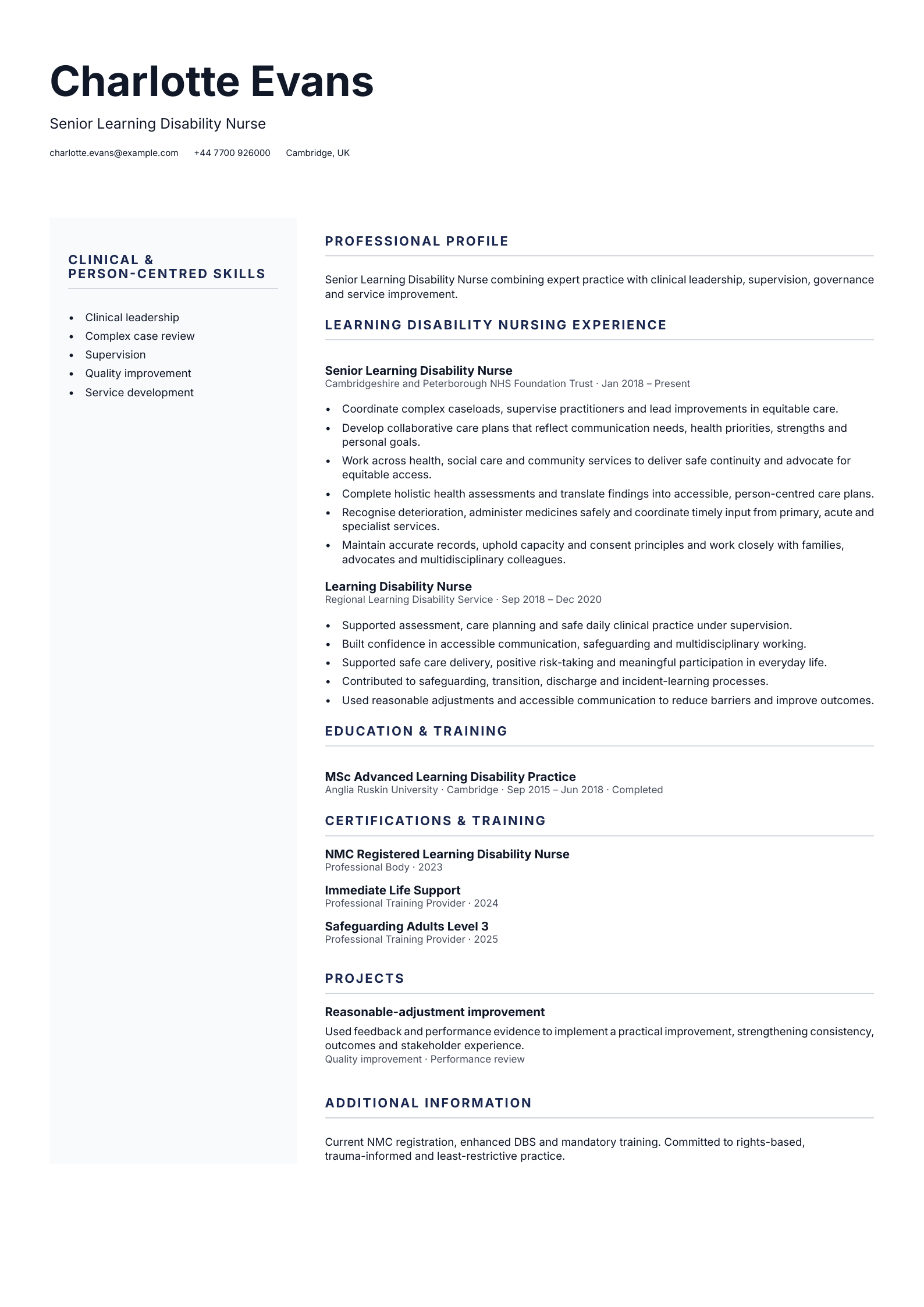 Senior Learning Disability Nurse CV template
