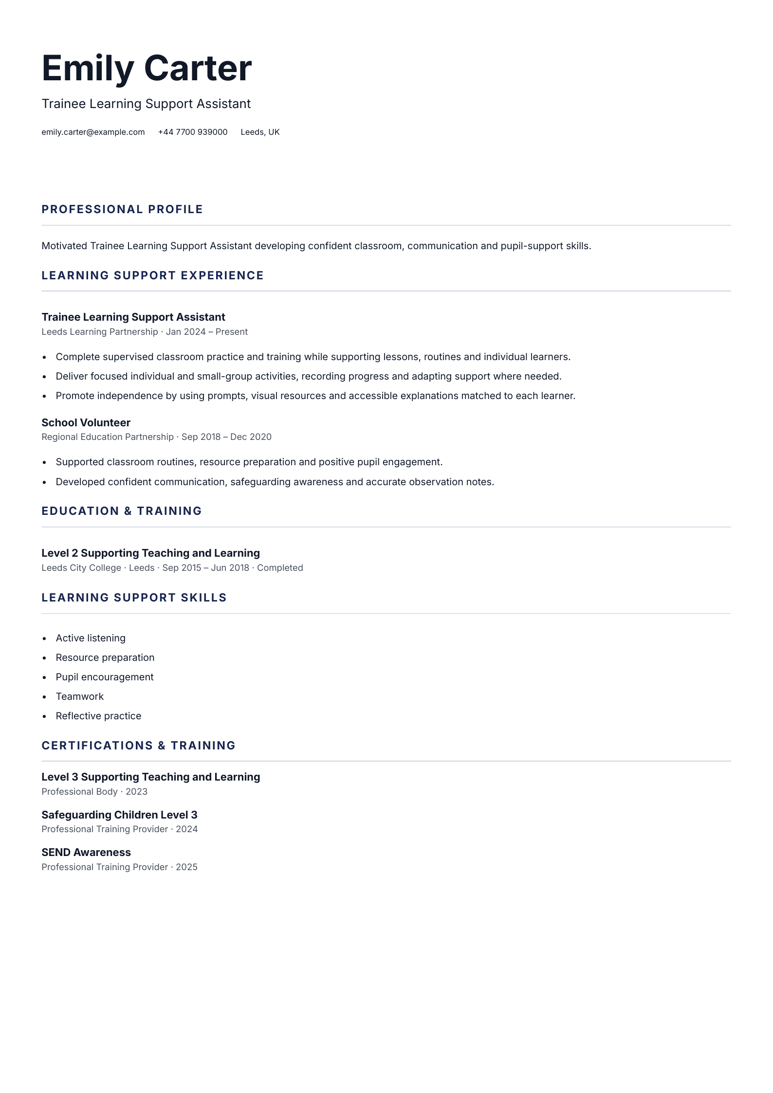 Trainee Learning Support Assistant CV template