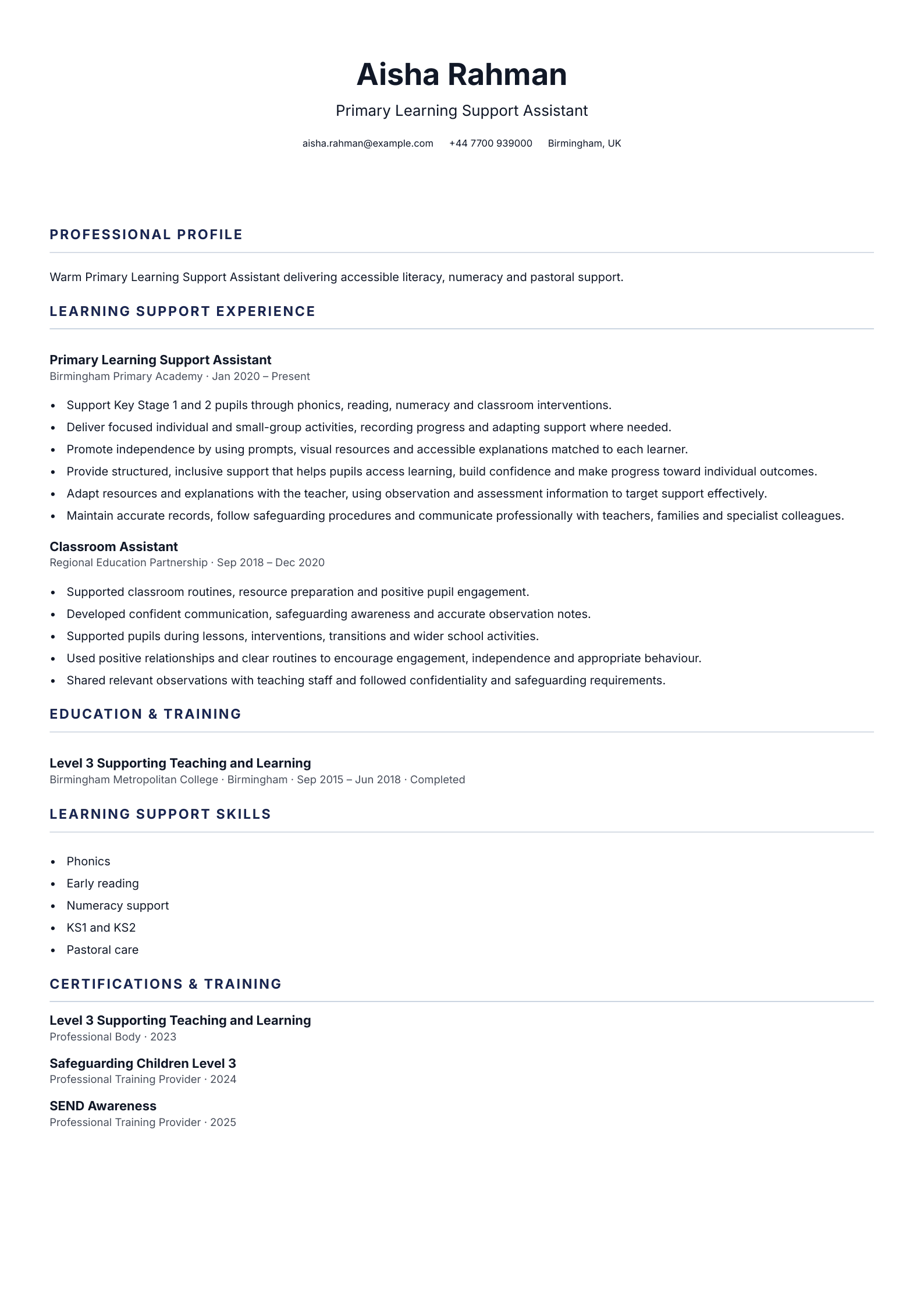 Primary Learning Support Assistant CV template
