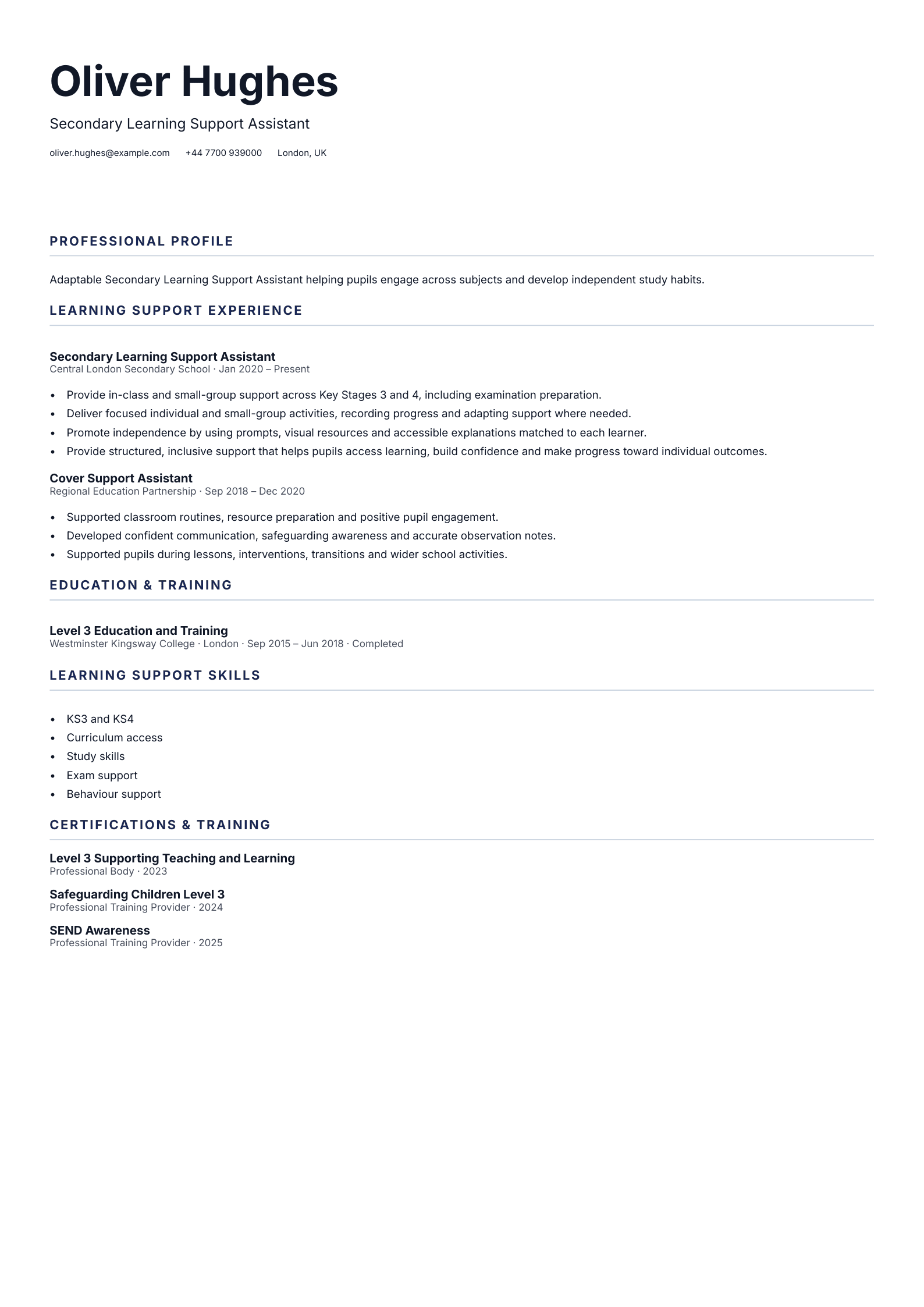 Secondary Learning Support Assistant CV template