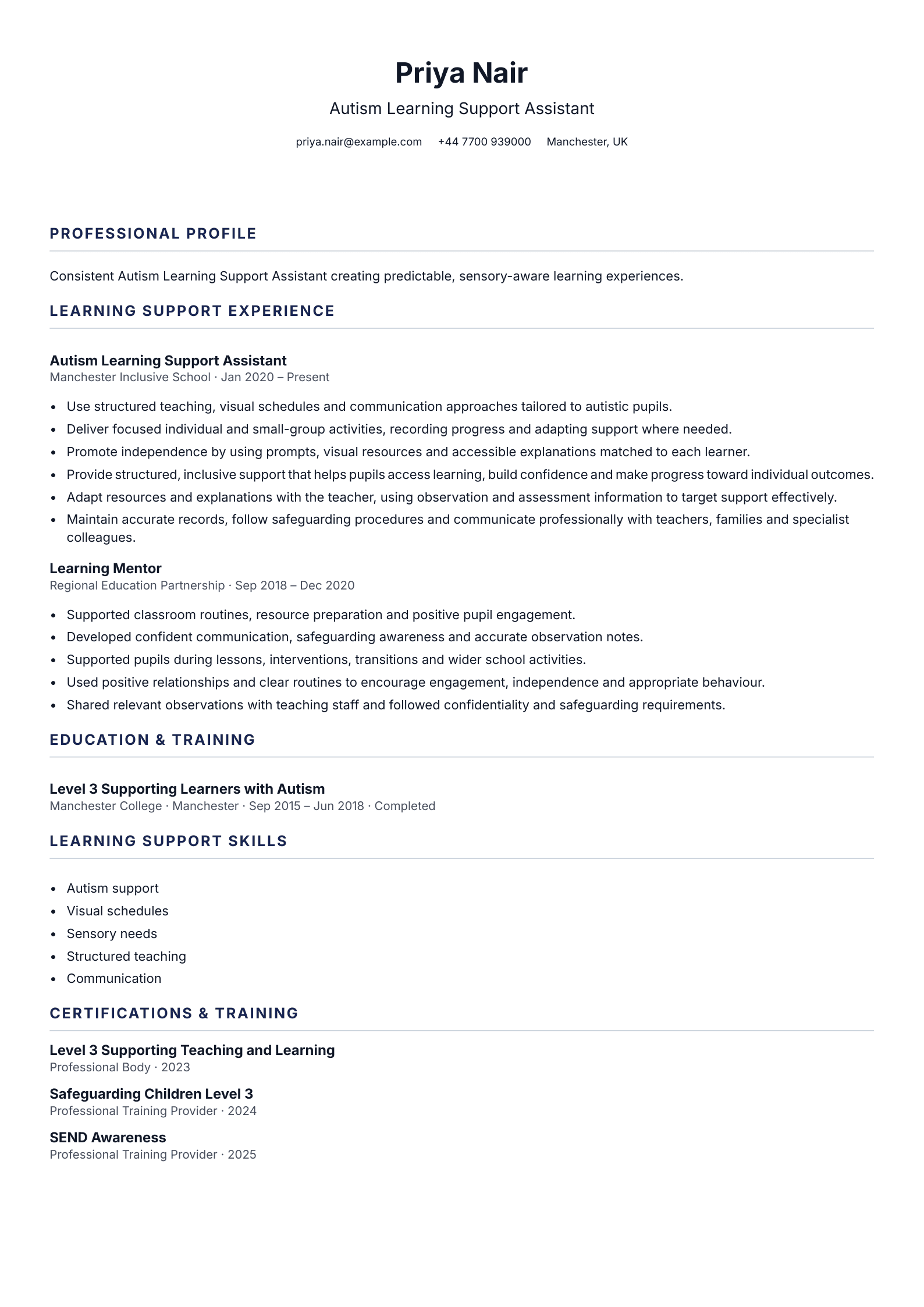 Autism Learning Support Assistant CV template