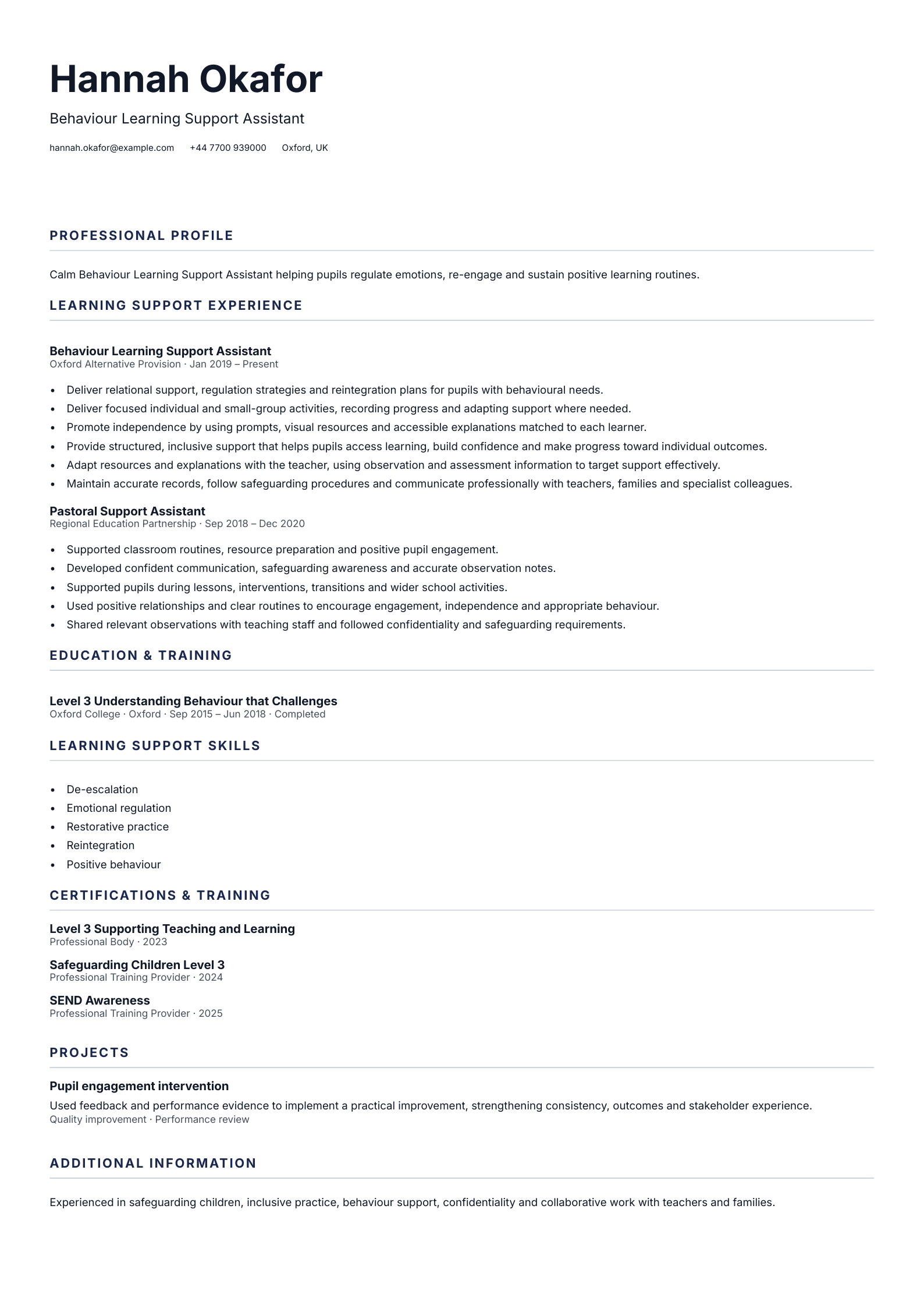 Behaviour Learning Support Assistant CV template