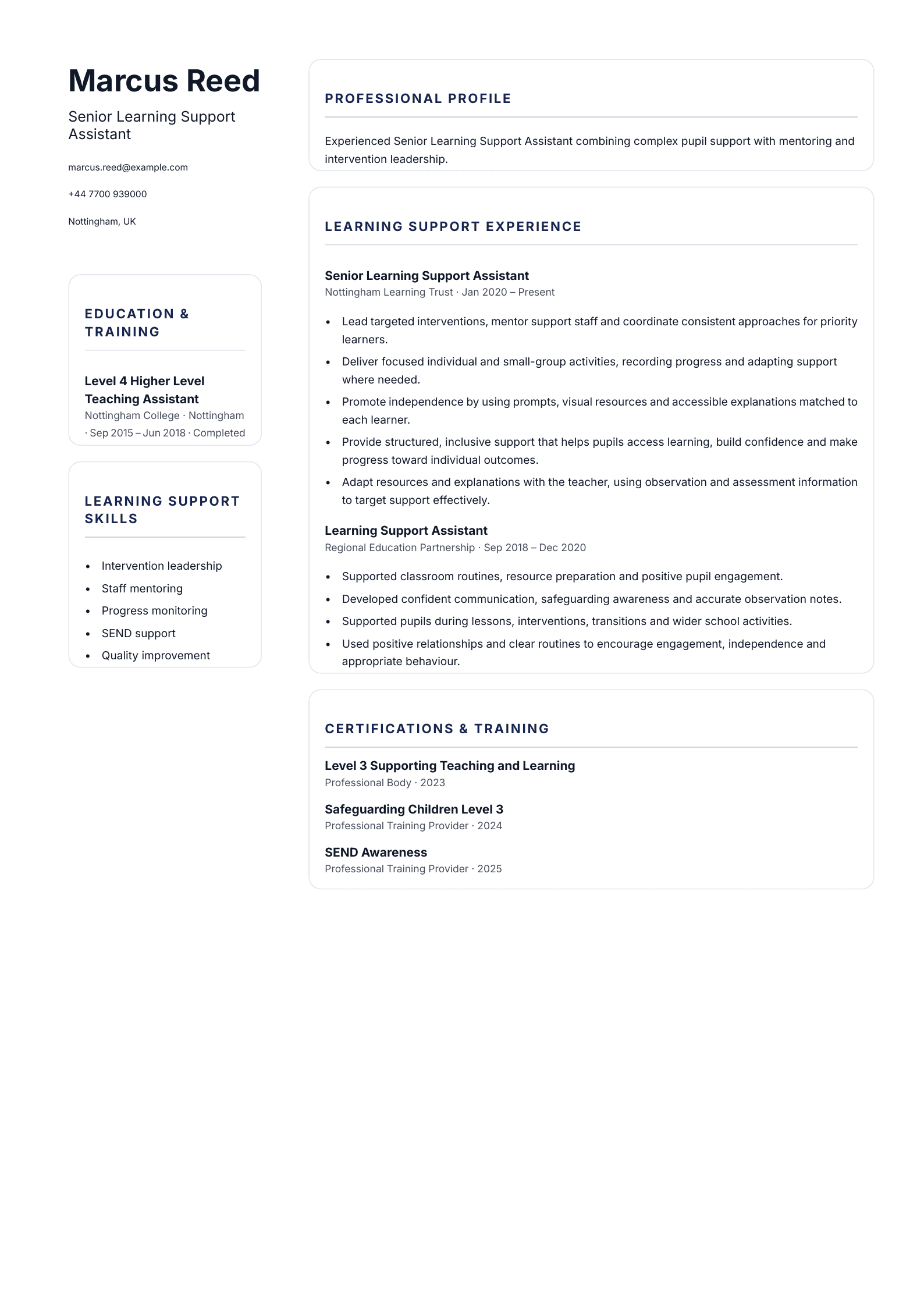 Senior Learning Support Assistant CV template