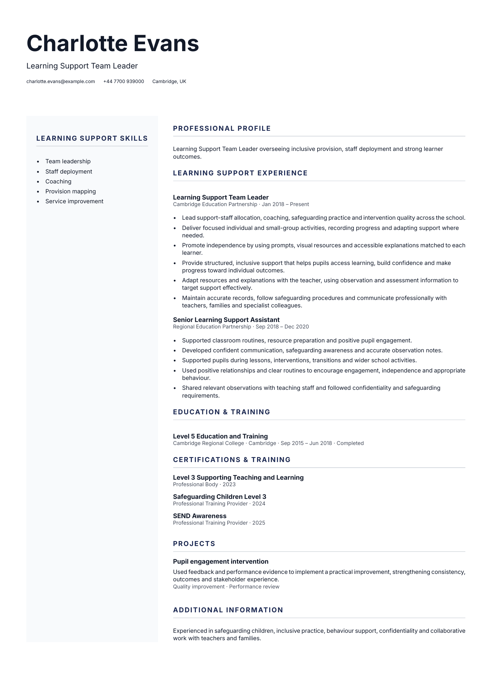 Learning Support Team Leader CV template