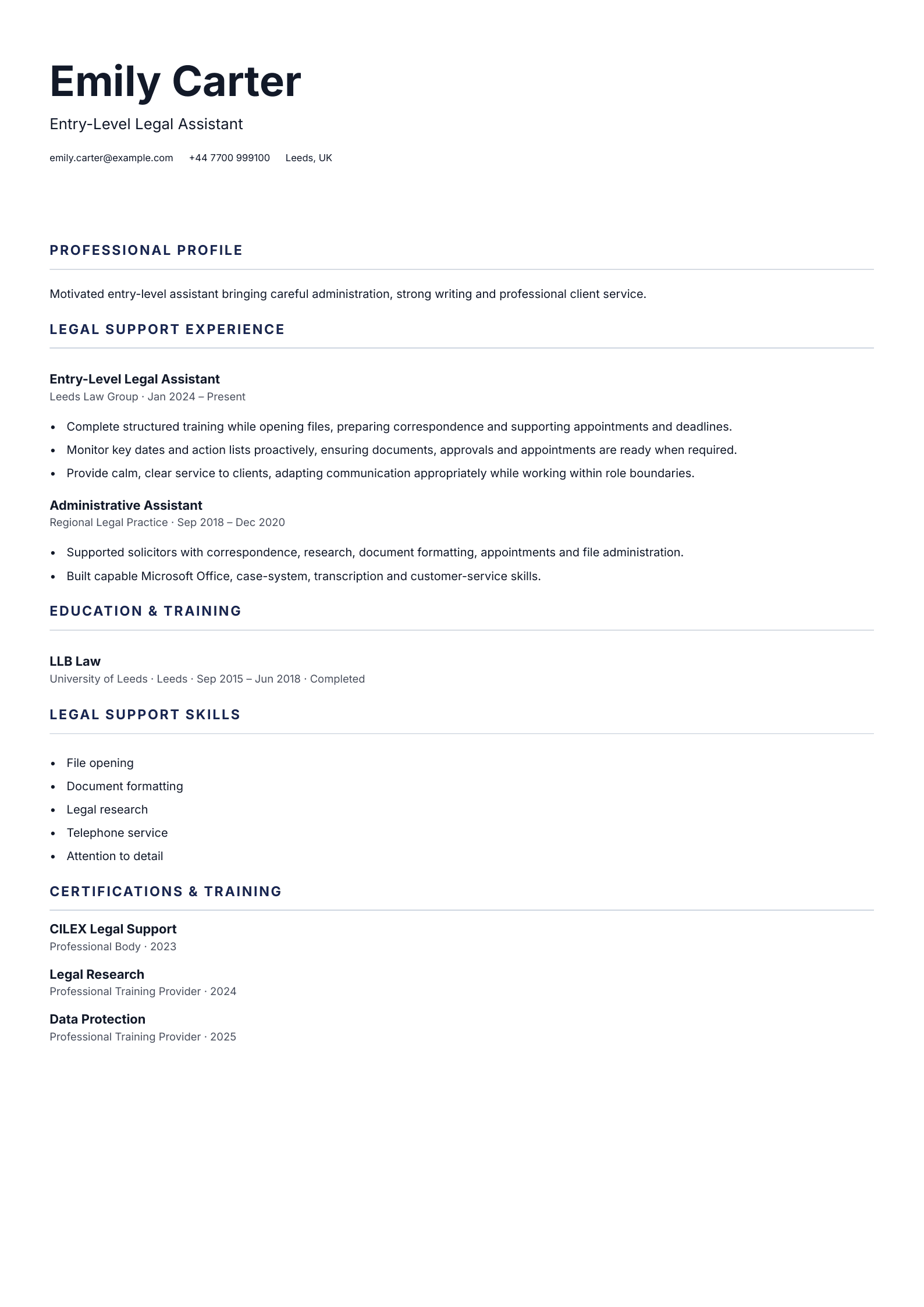 Entry-Level Legal Assistant CV template