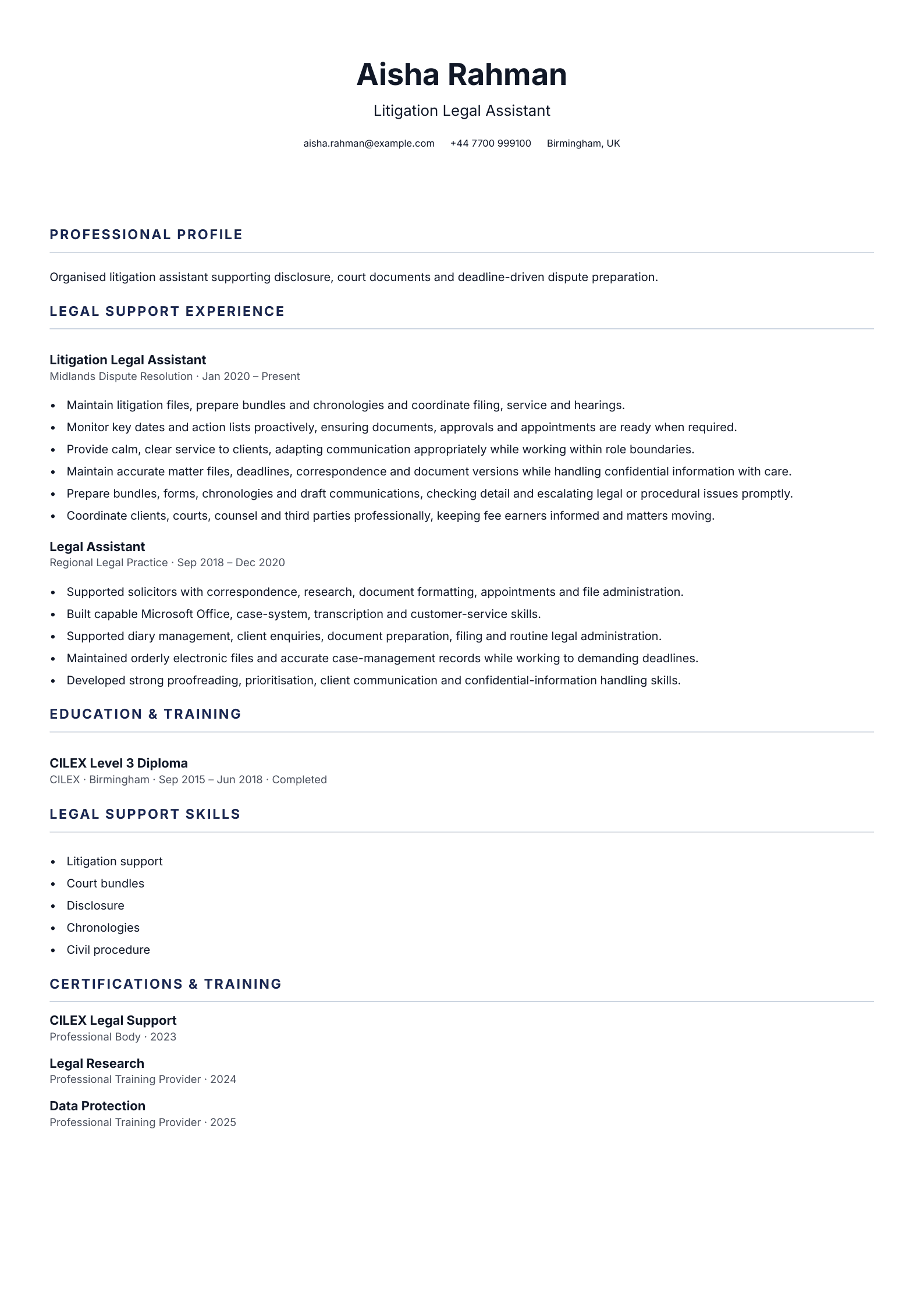 Litigation Legal Assistant CV template