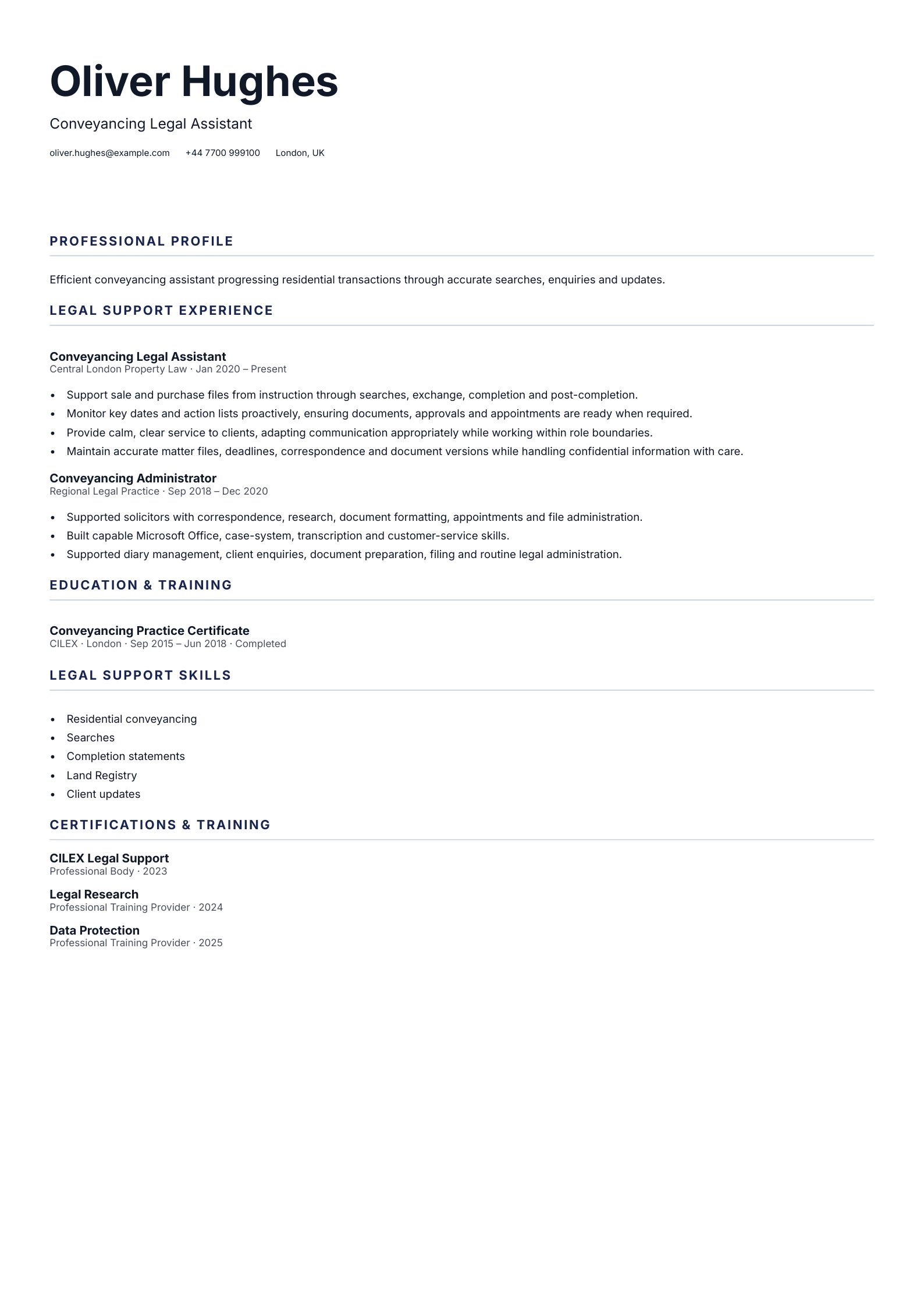 Conveyancing Legal Assistant CV template