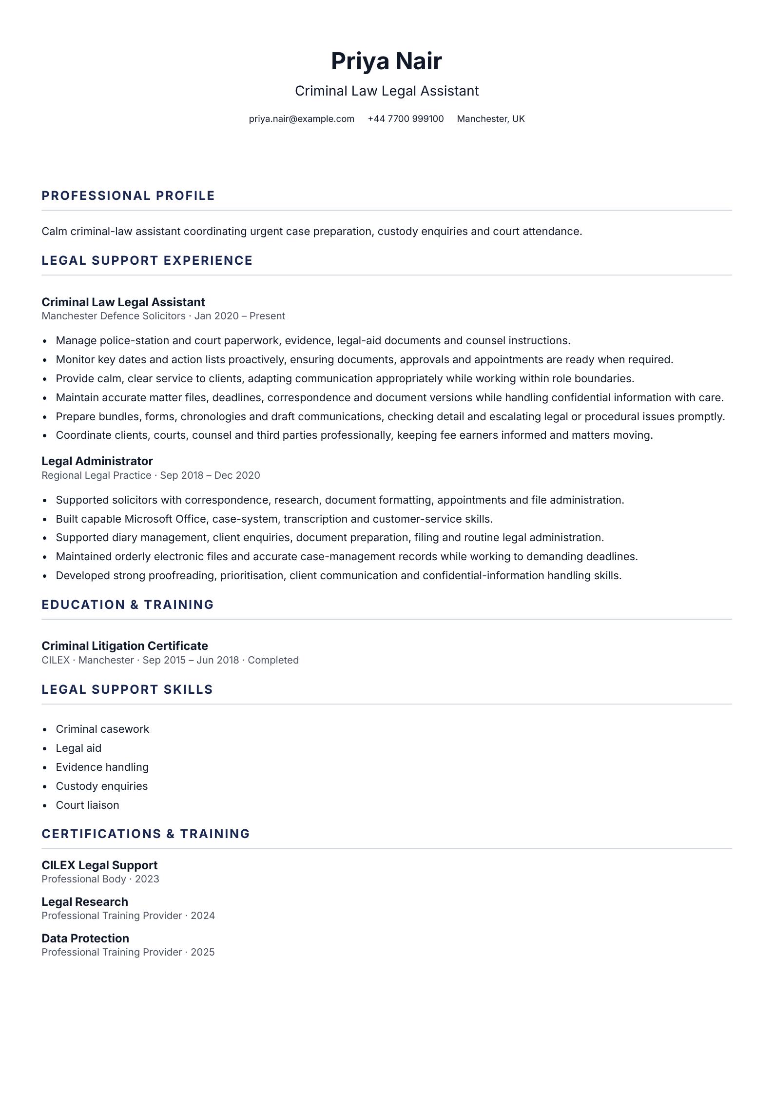 Criminal Law Legal Assistant CV template