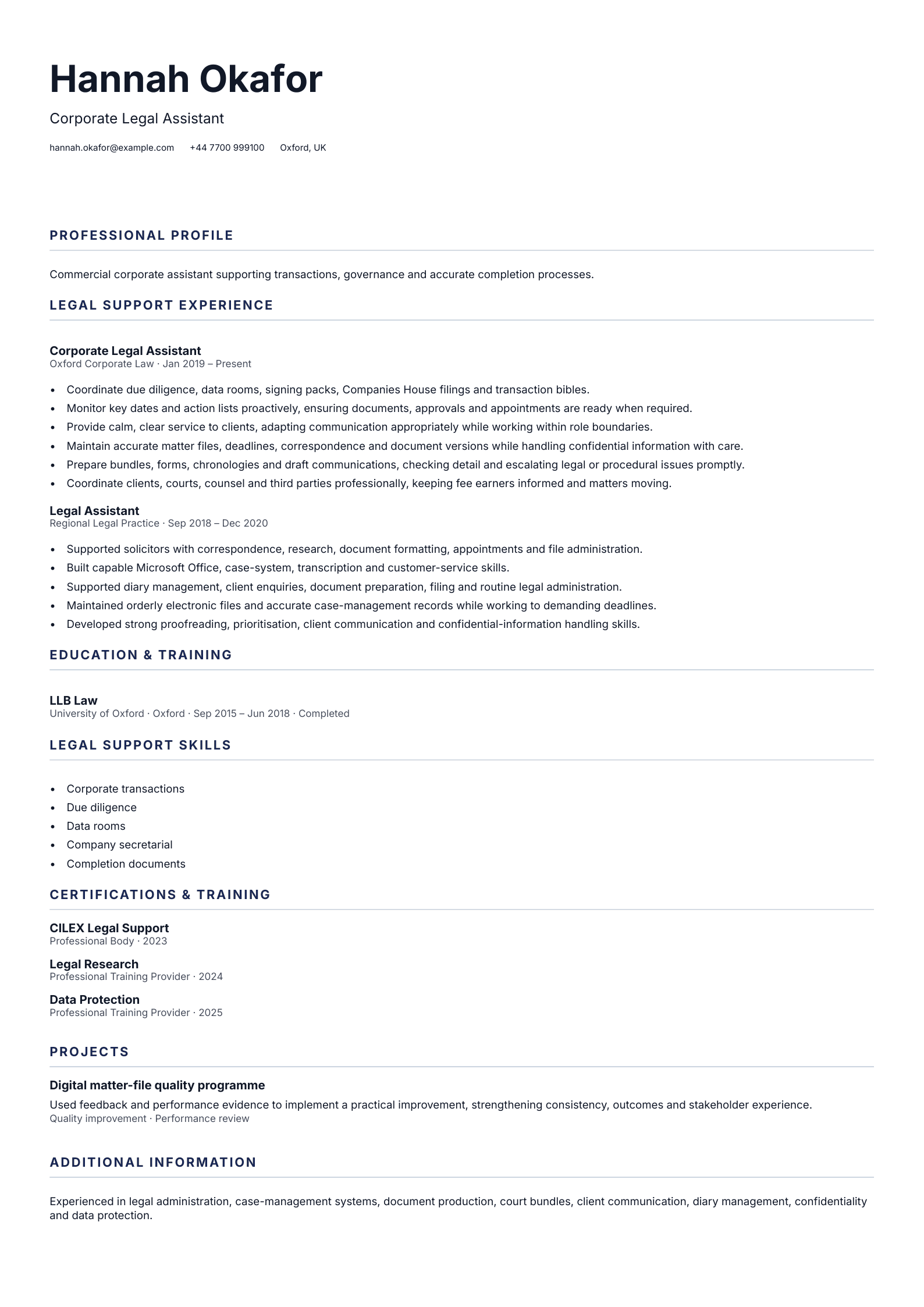 Corporate Legal Assistant CV template