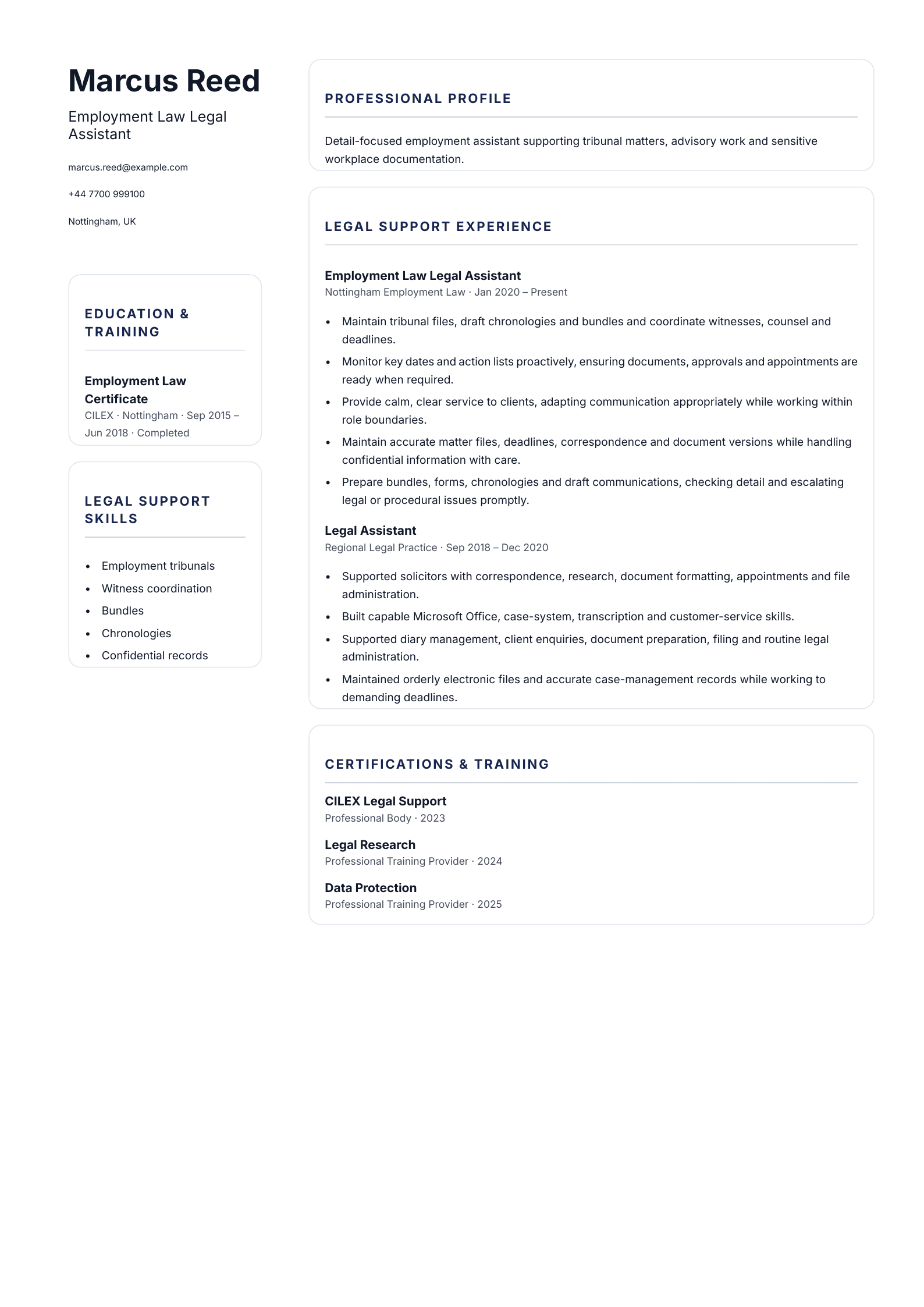 Employment Law Legal Assistant CV template