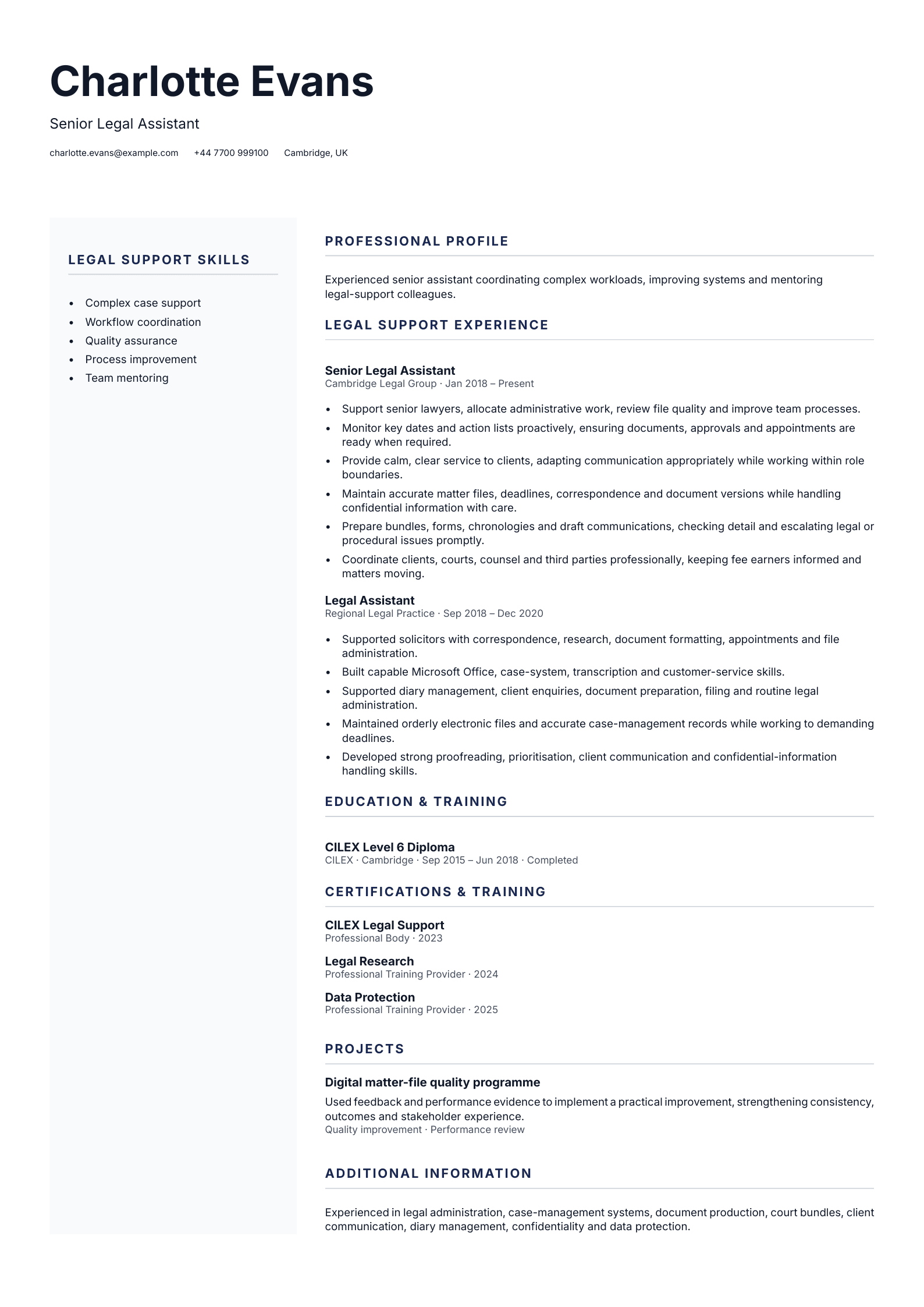 Senior Legal Assistant CV template