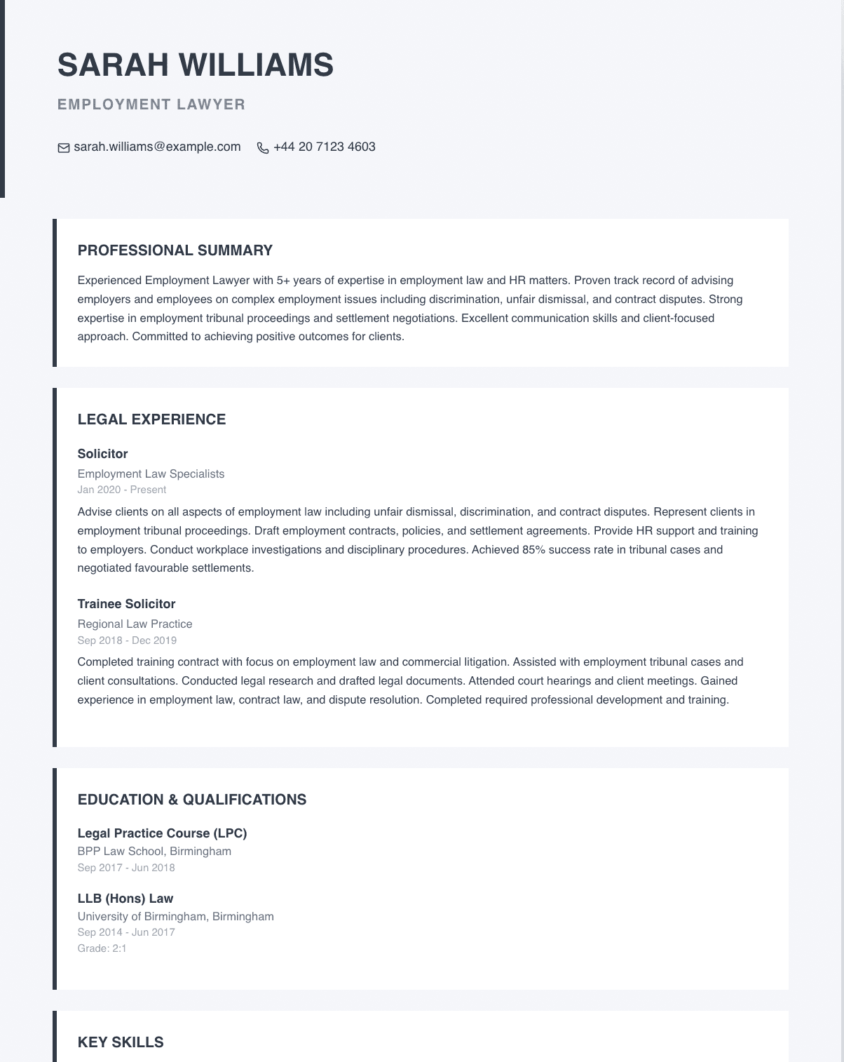 free legal cv template employment specialist