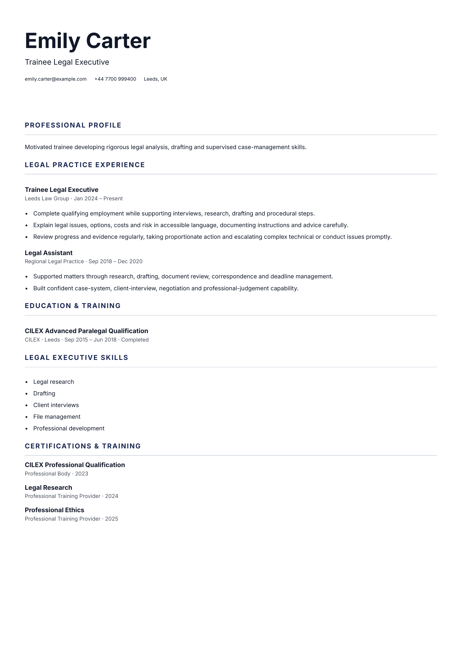 Trainee Legal Executive CV template