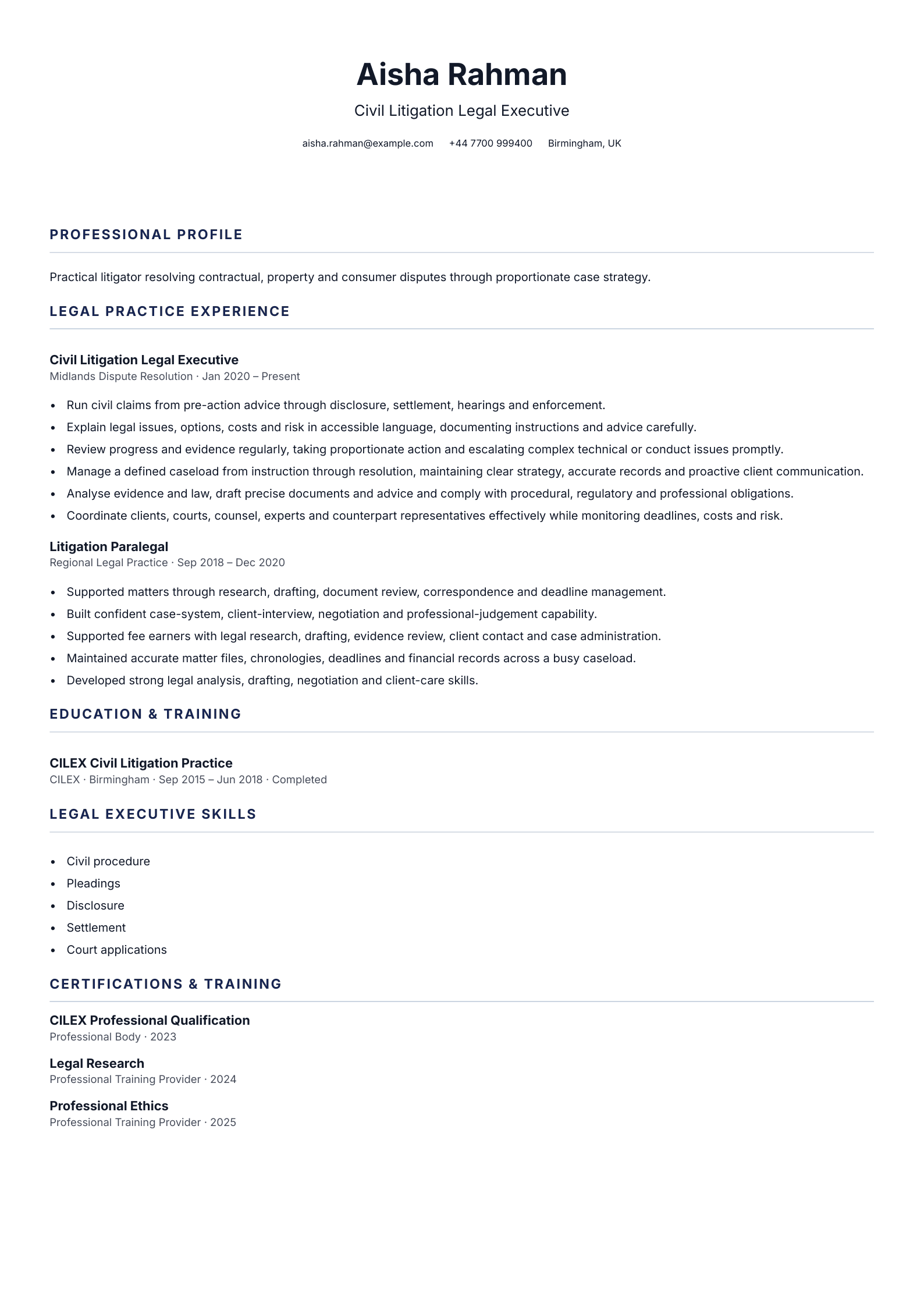 Civil Litigation Legal Executive CV template