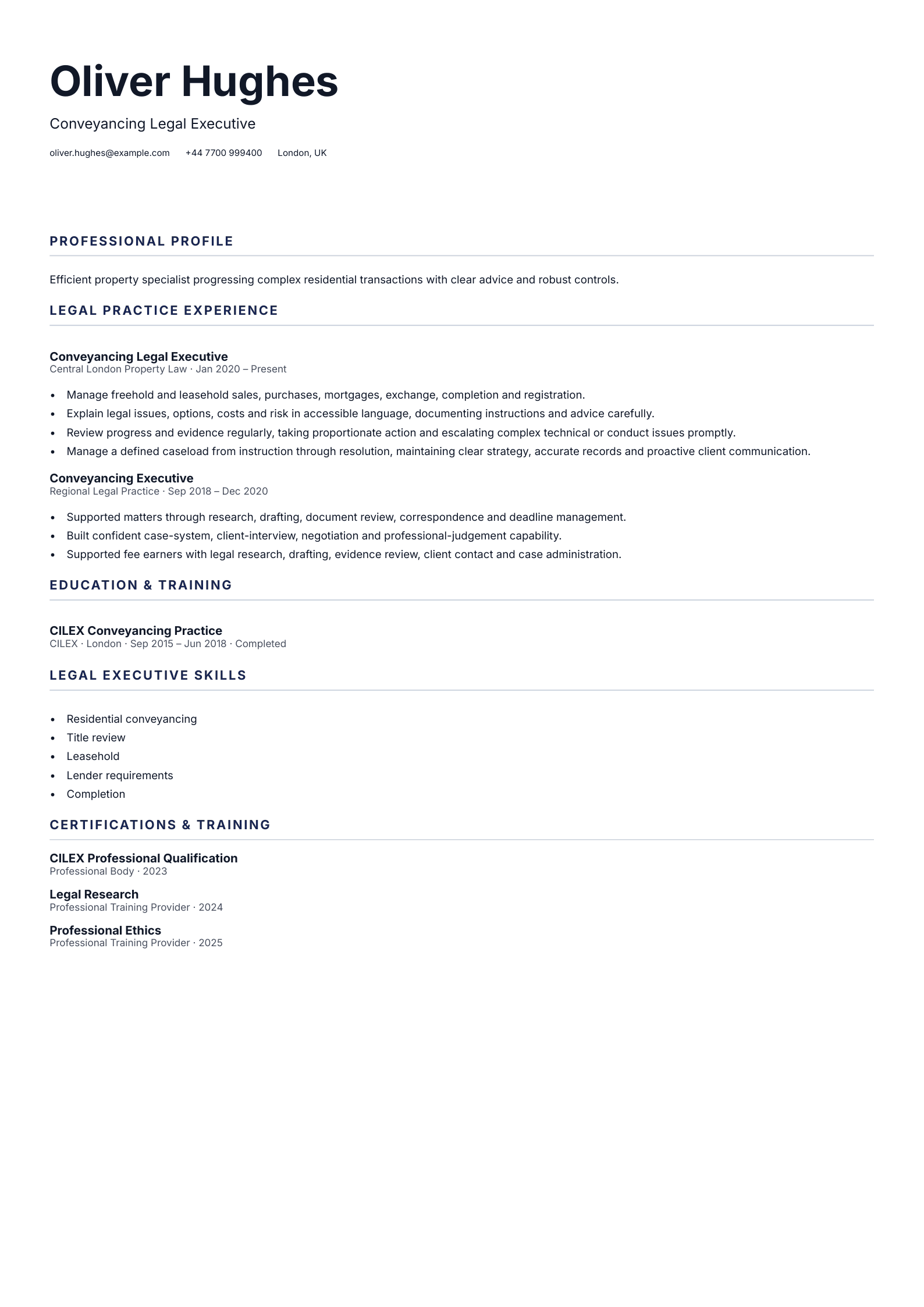 Conveyancing Legal Executive CV template