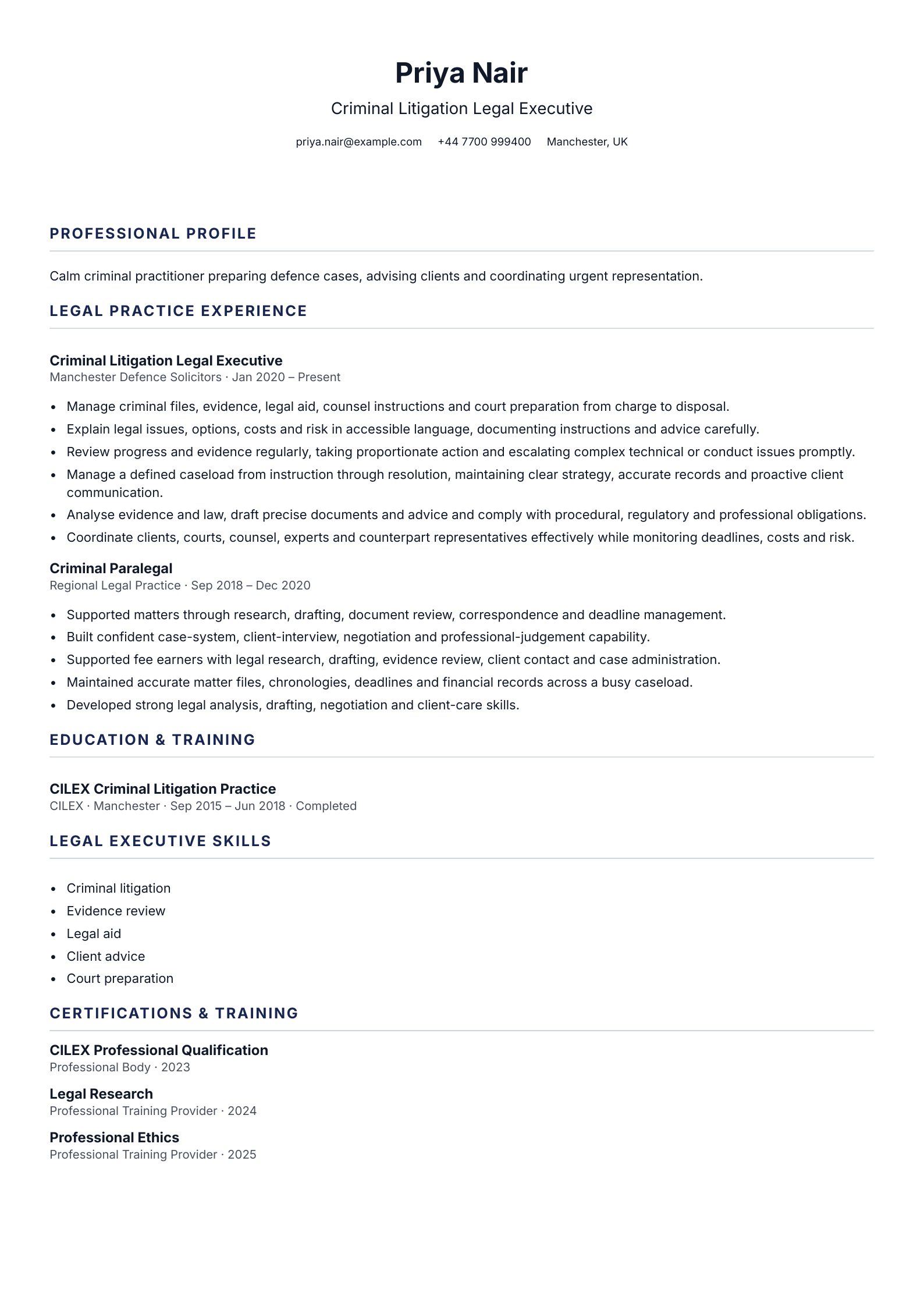 Criminal Litigation Legal Executive CV template