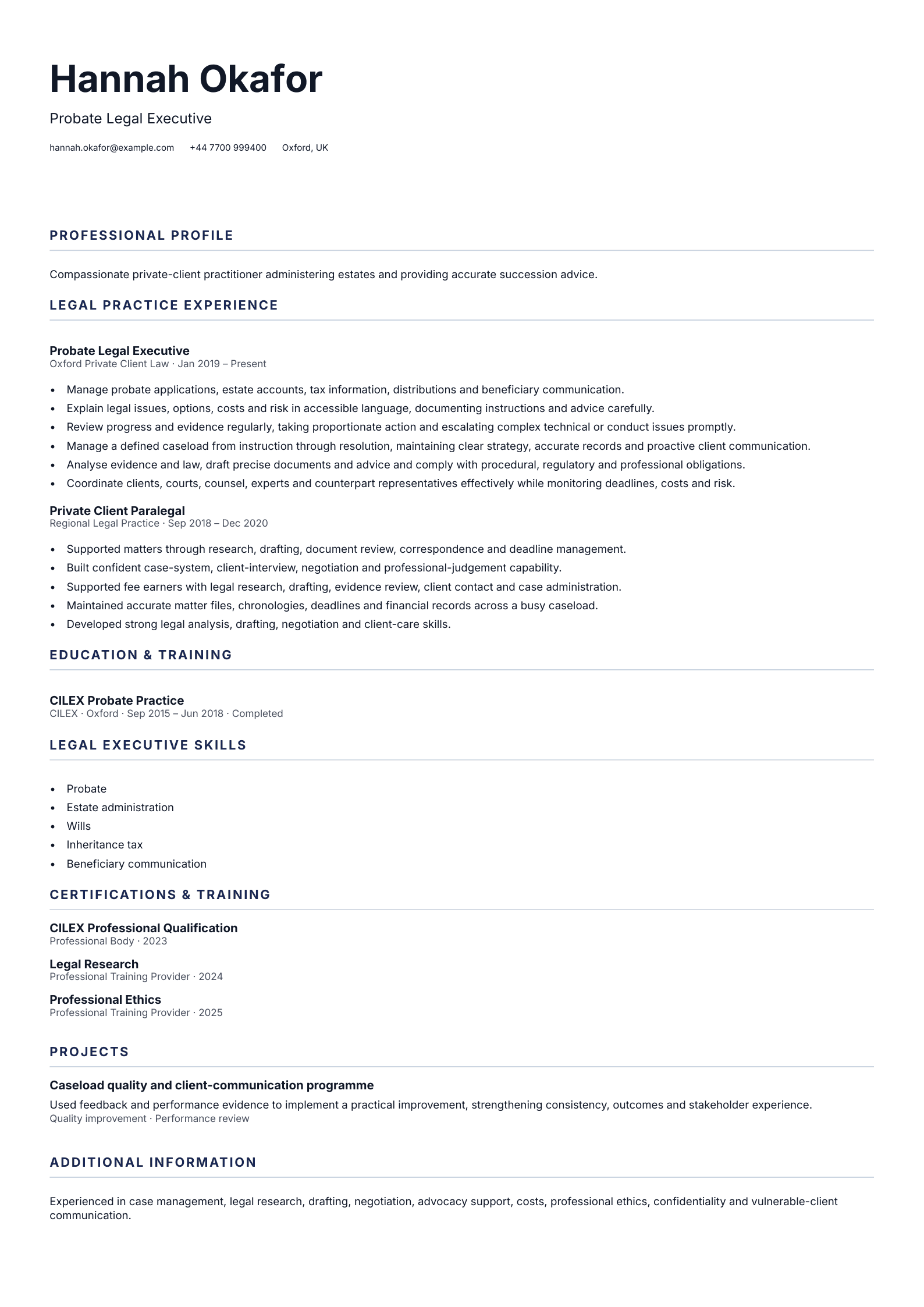 Probate Legal Executive CV template