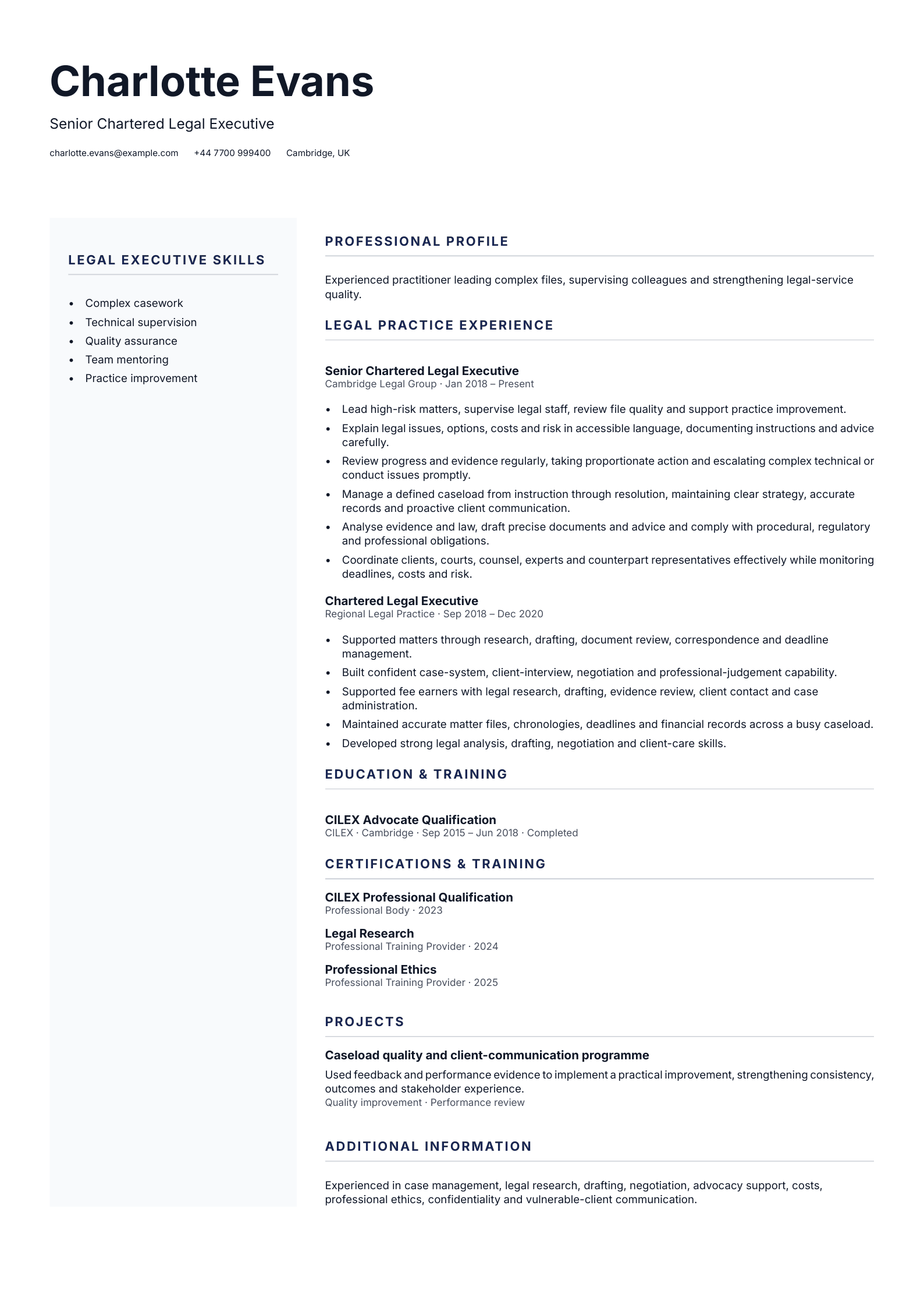 Senior Chartered Legal Executive CV template