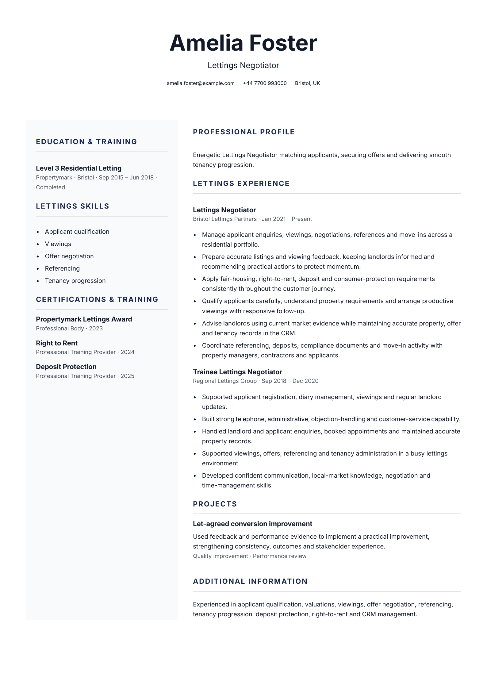 Lettings negotiator CV