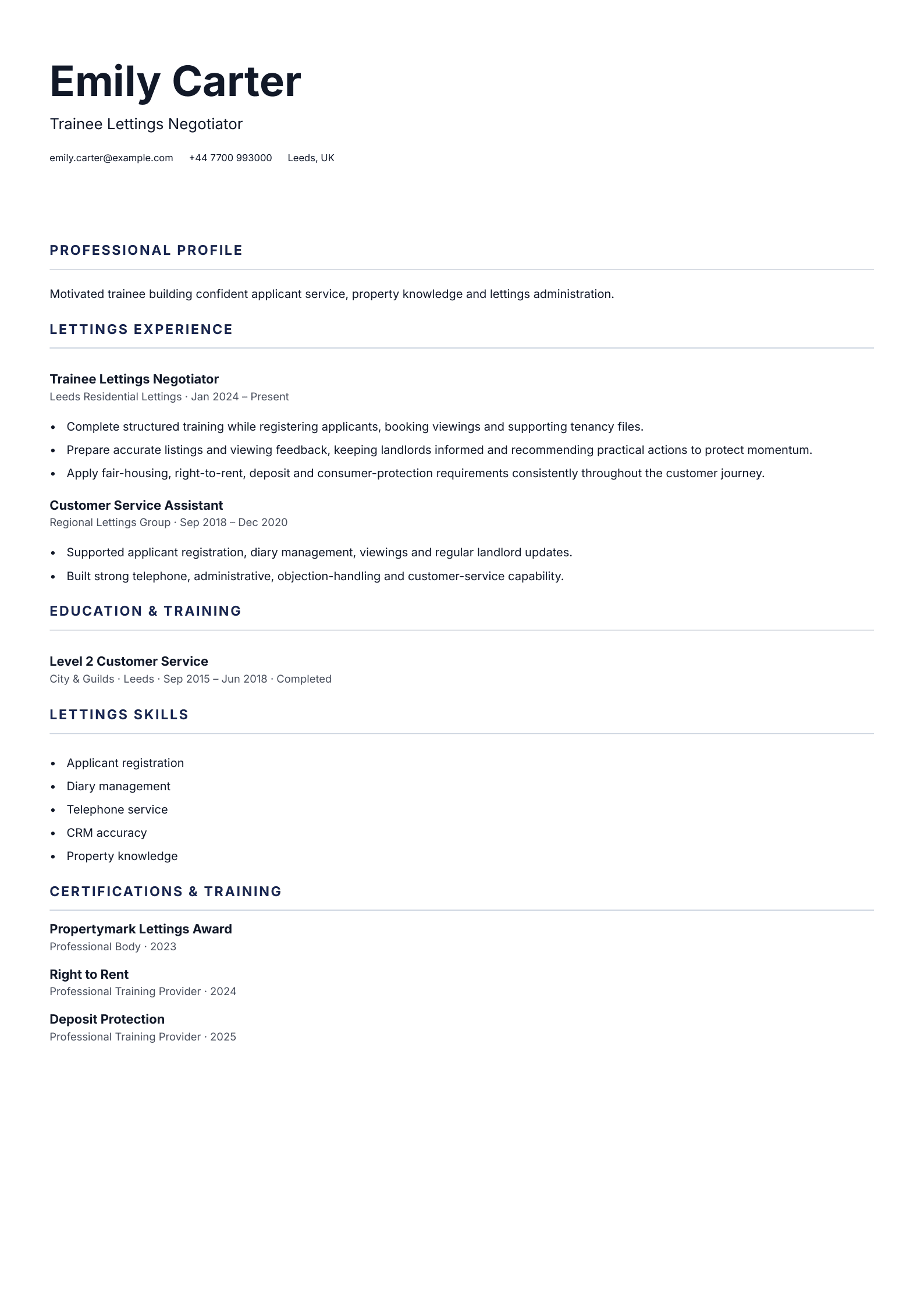 Trainee Lettings Negotiator CV template
