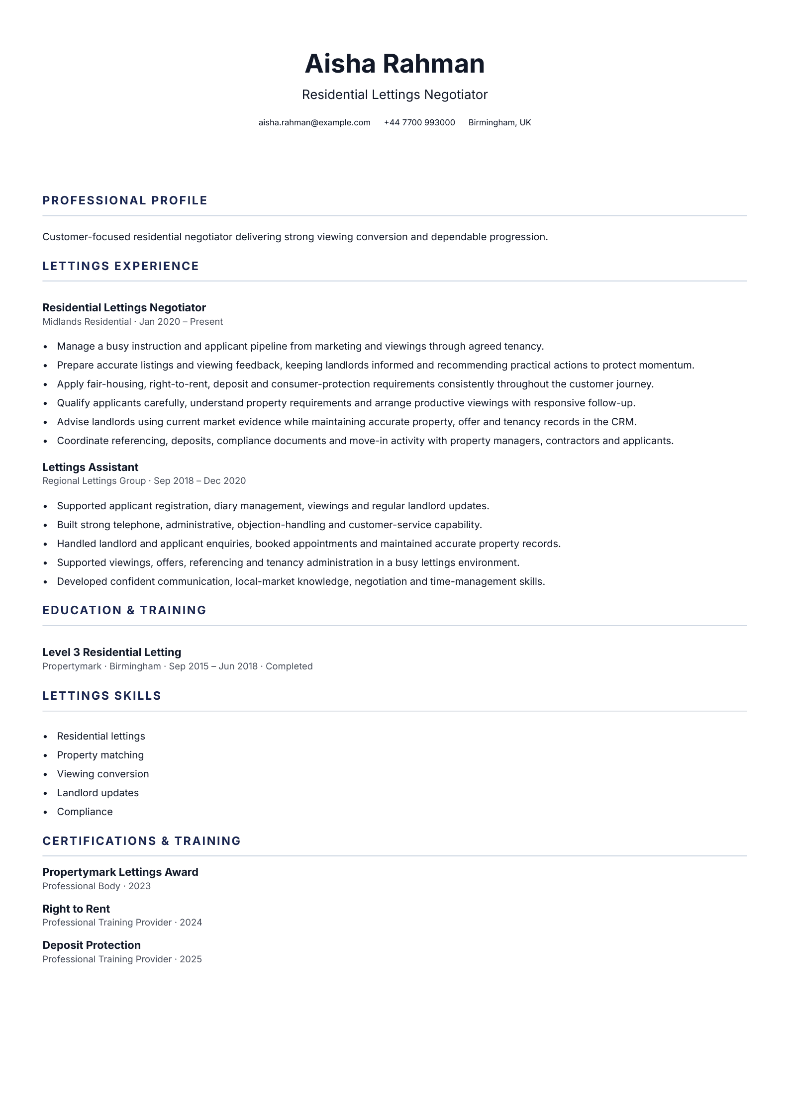 Residential Lettings Negotiator CV template