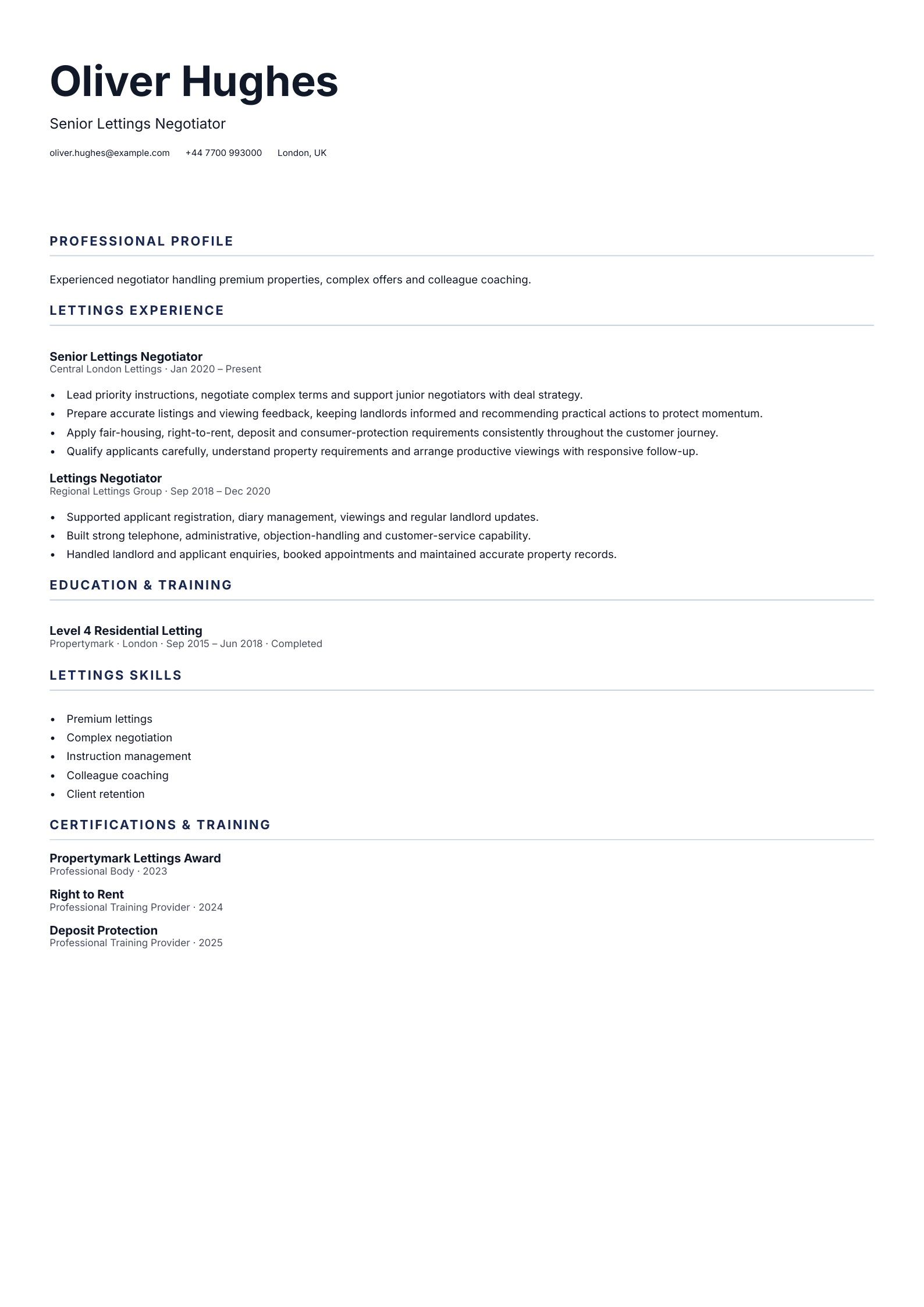 Senior Lettings Negotiator CV template