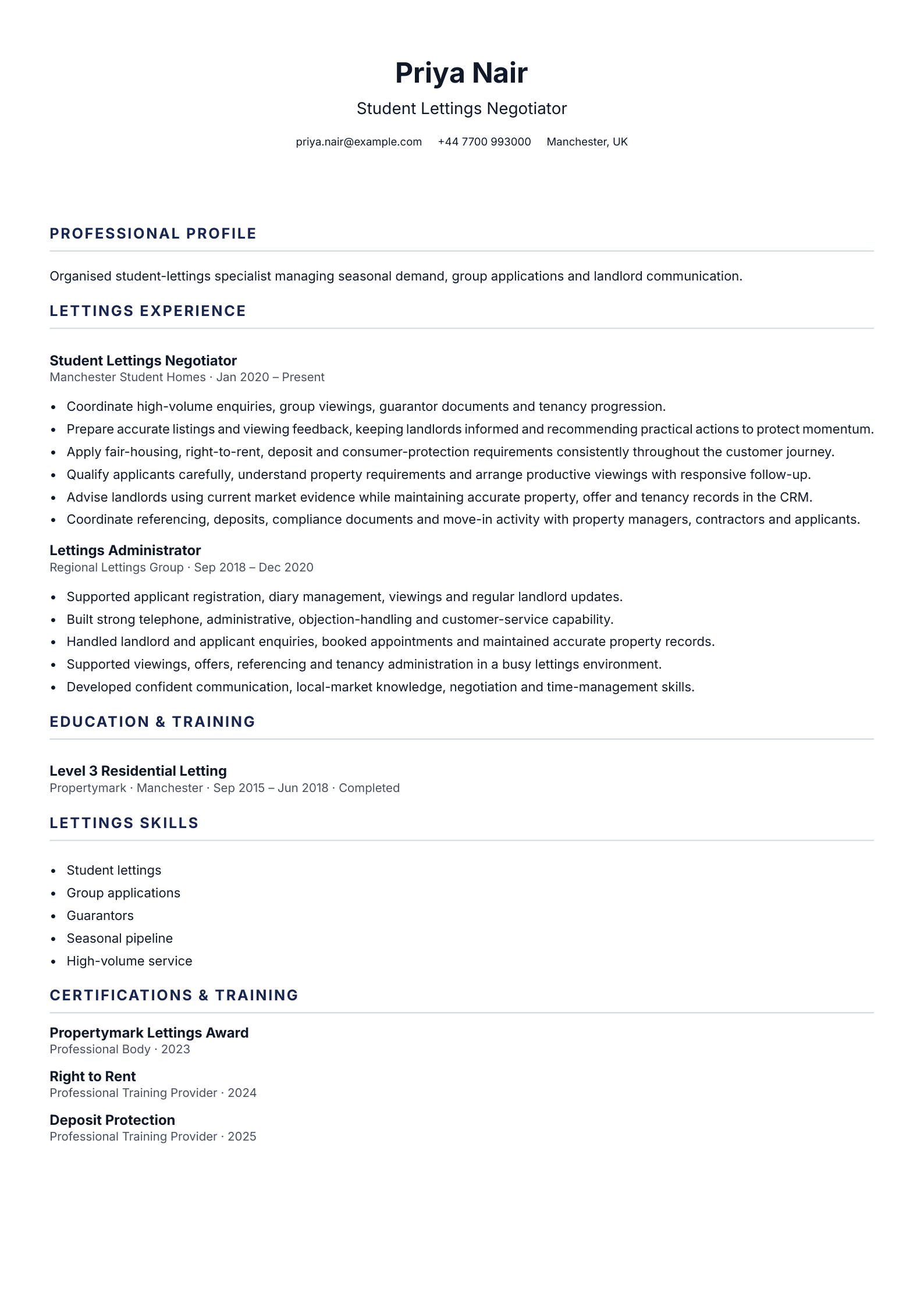 Student Lettings Negotiator CV template