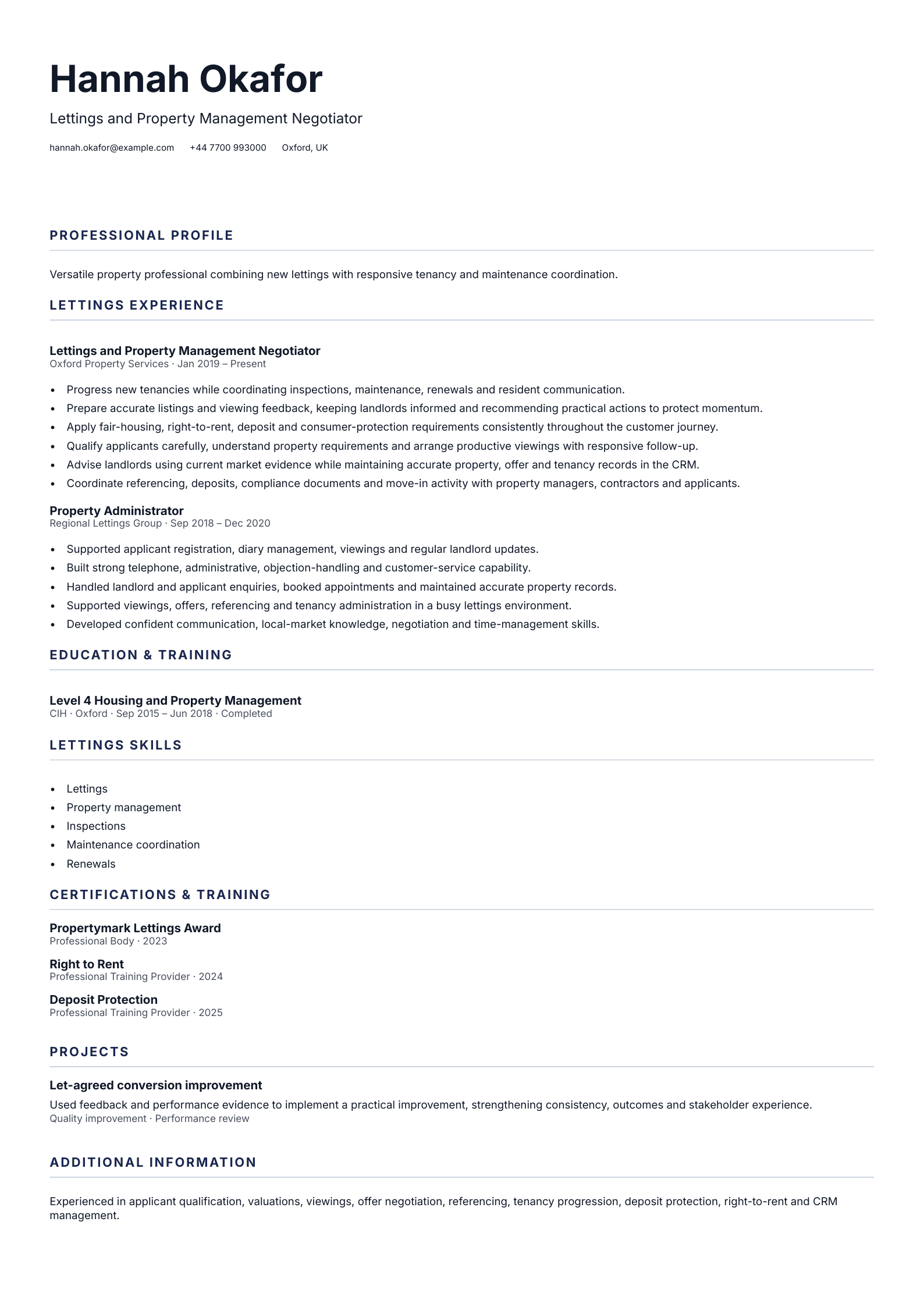 Lettings and Property Management Negotiator CV template