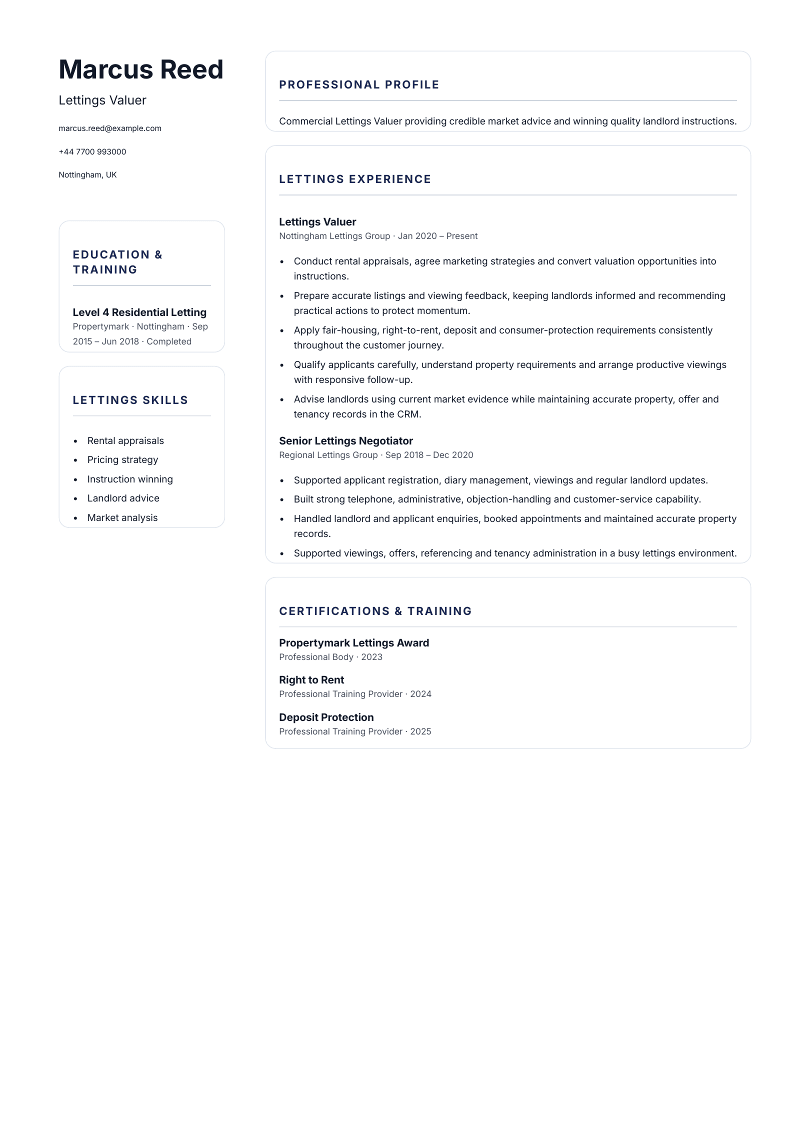 Lettings Valuer CV template