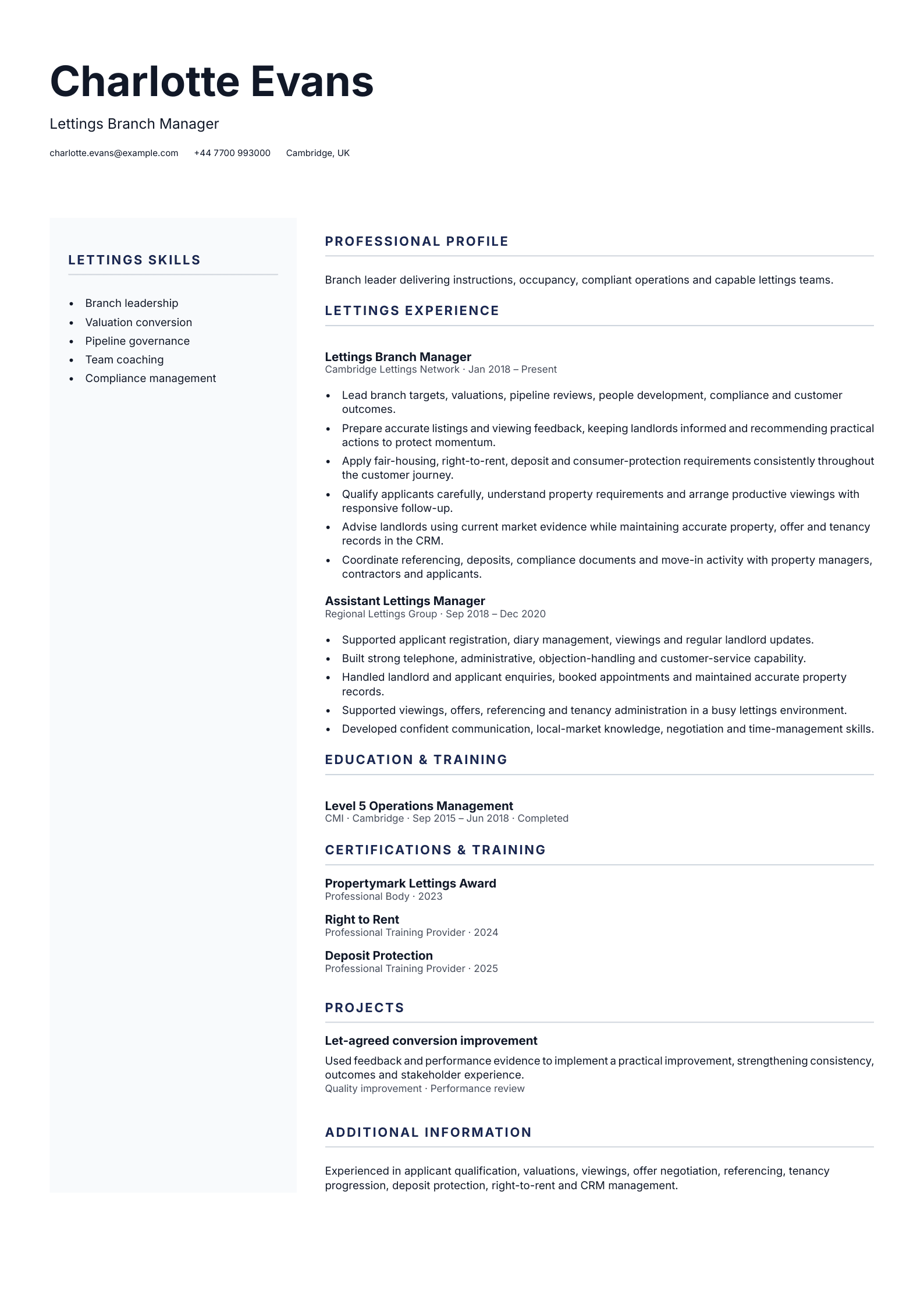 Lettings Branch Manager CV template