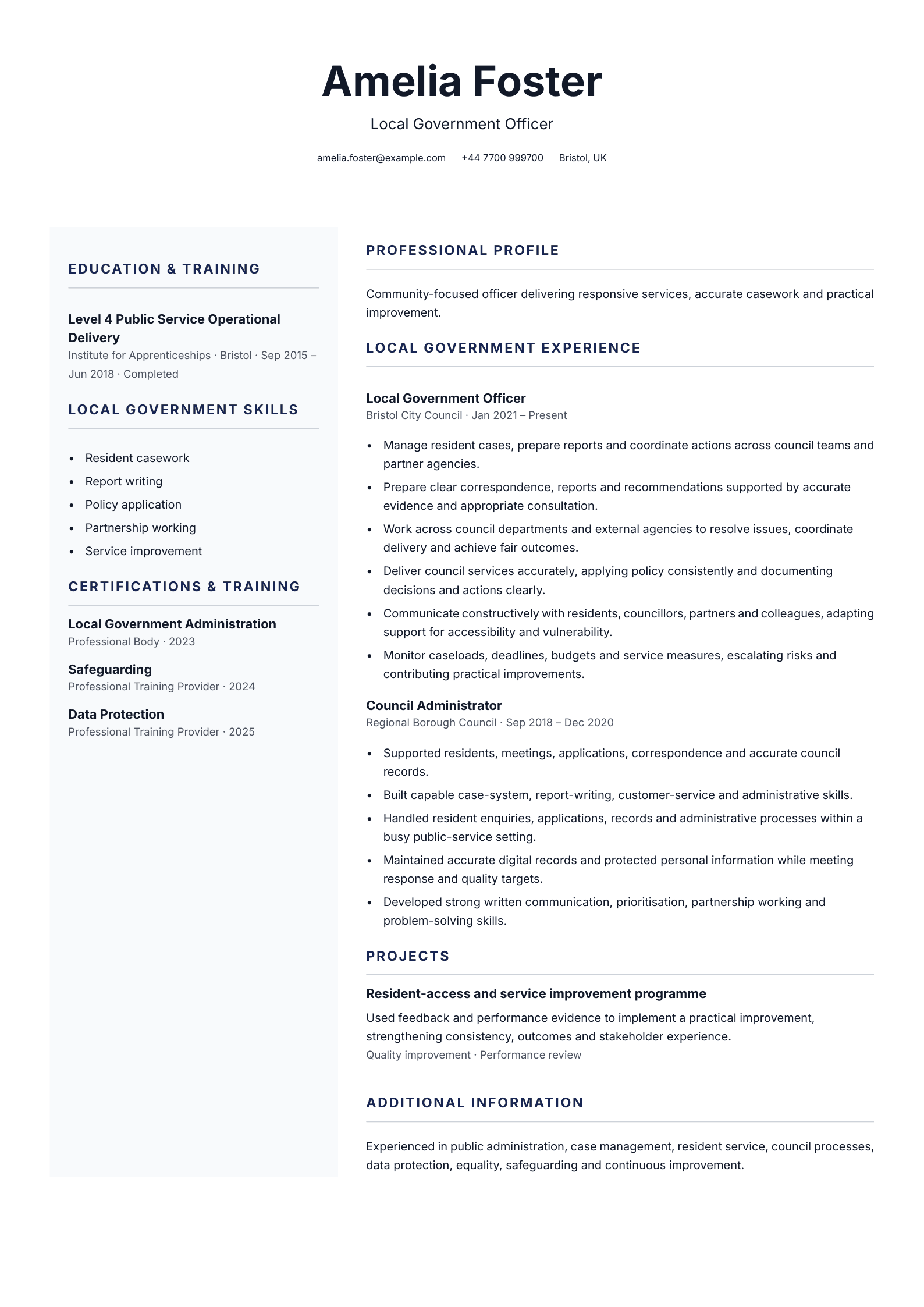 Local government officer CV