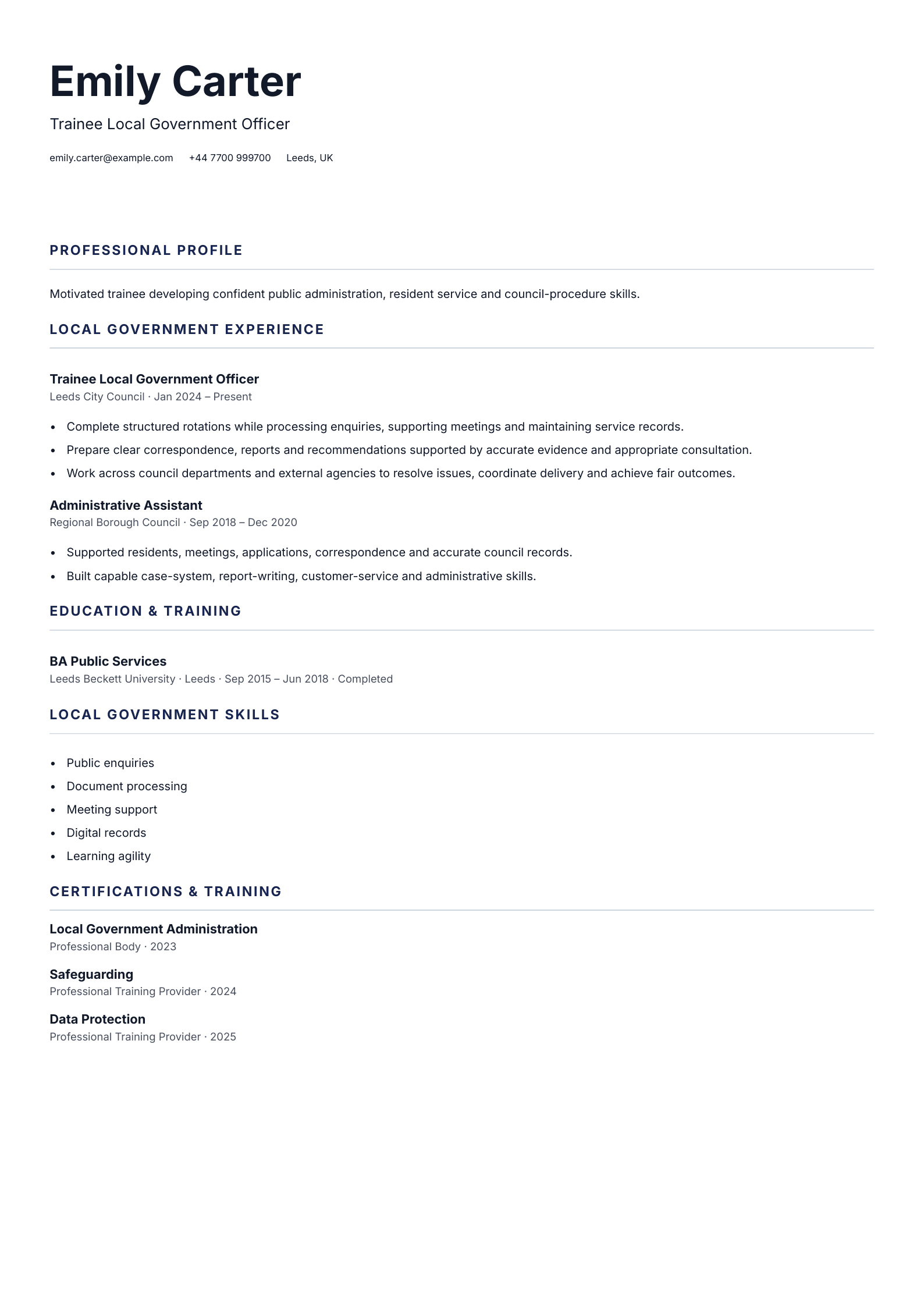 Trainee Local Government Officer CV template