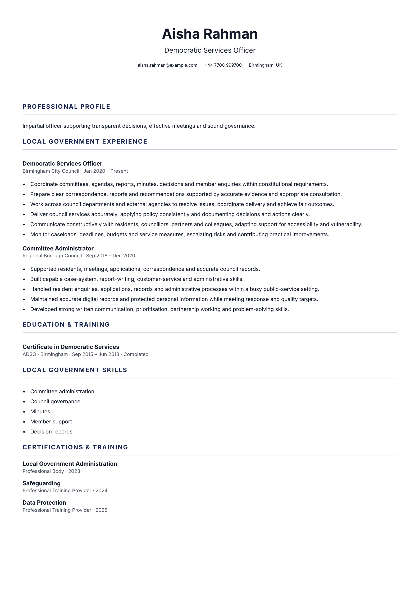 Democratic Services Officer CV template