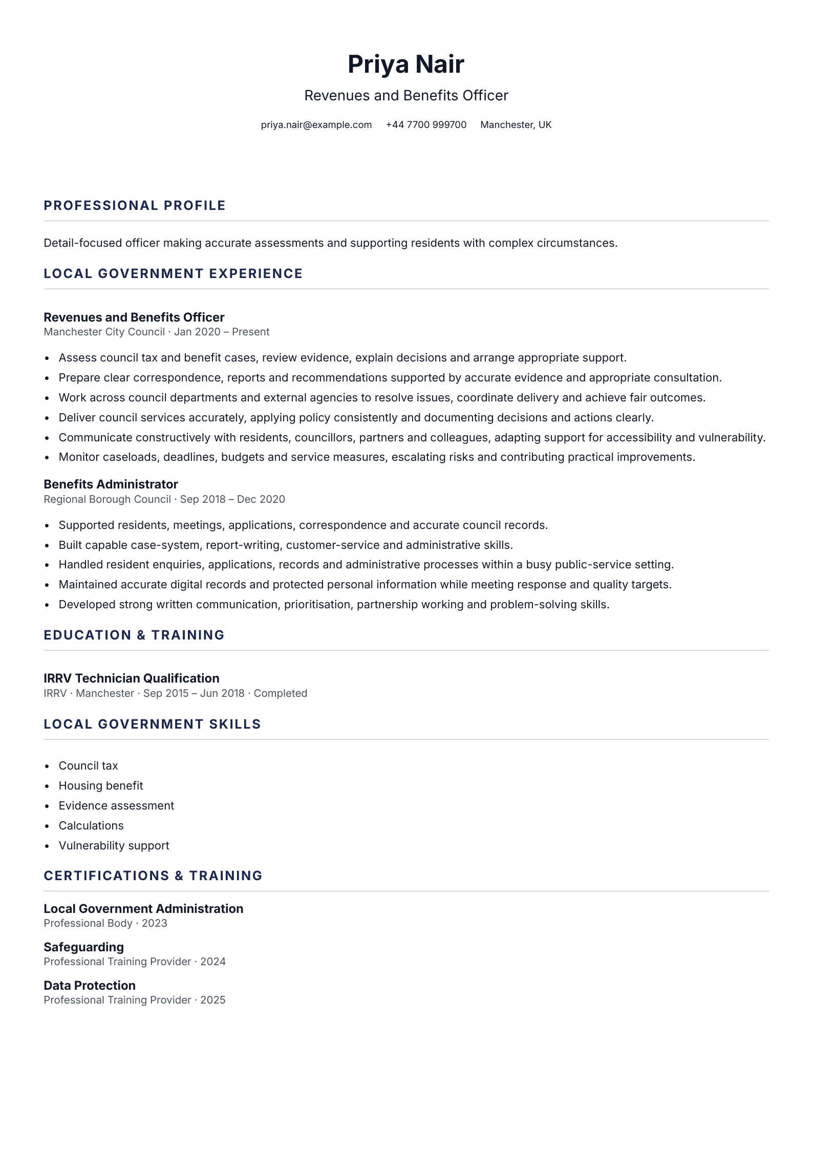 Revenues and Benefits Officer CV template