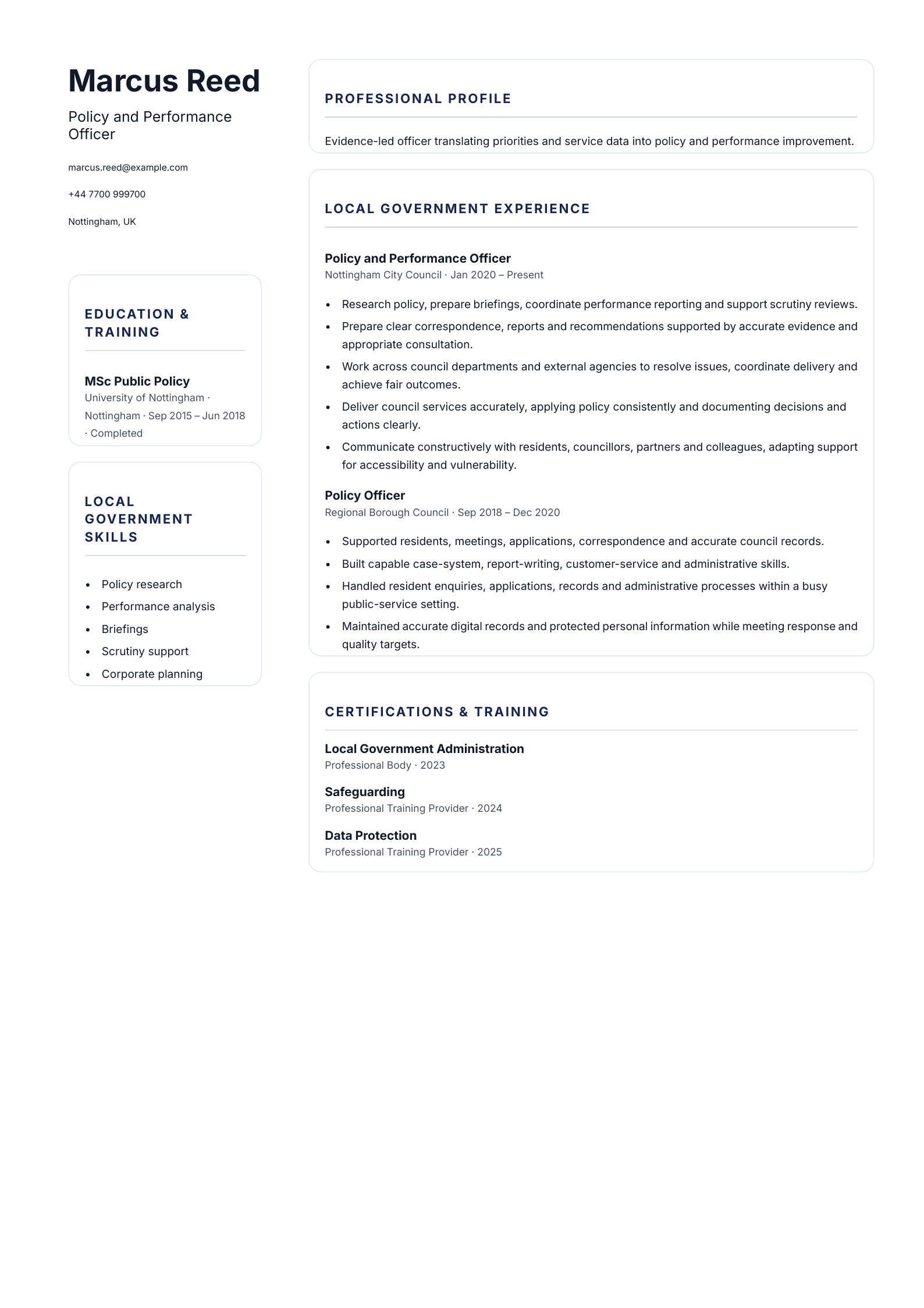 Policy and Performance Officer CV template