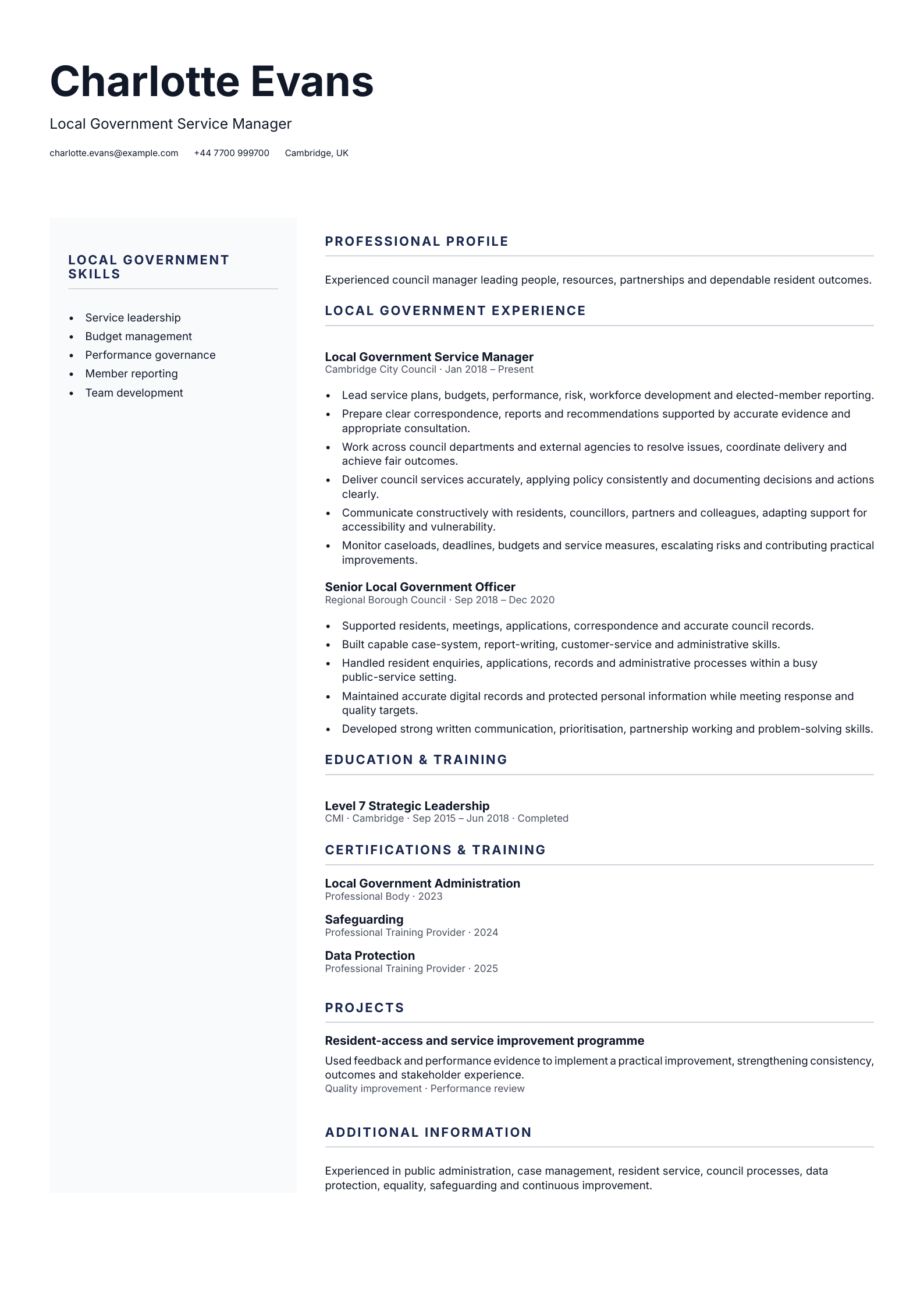 Local Government Service Manager CV template