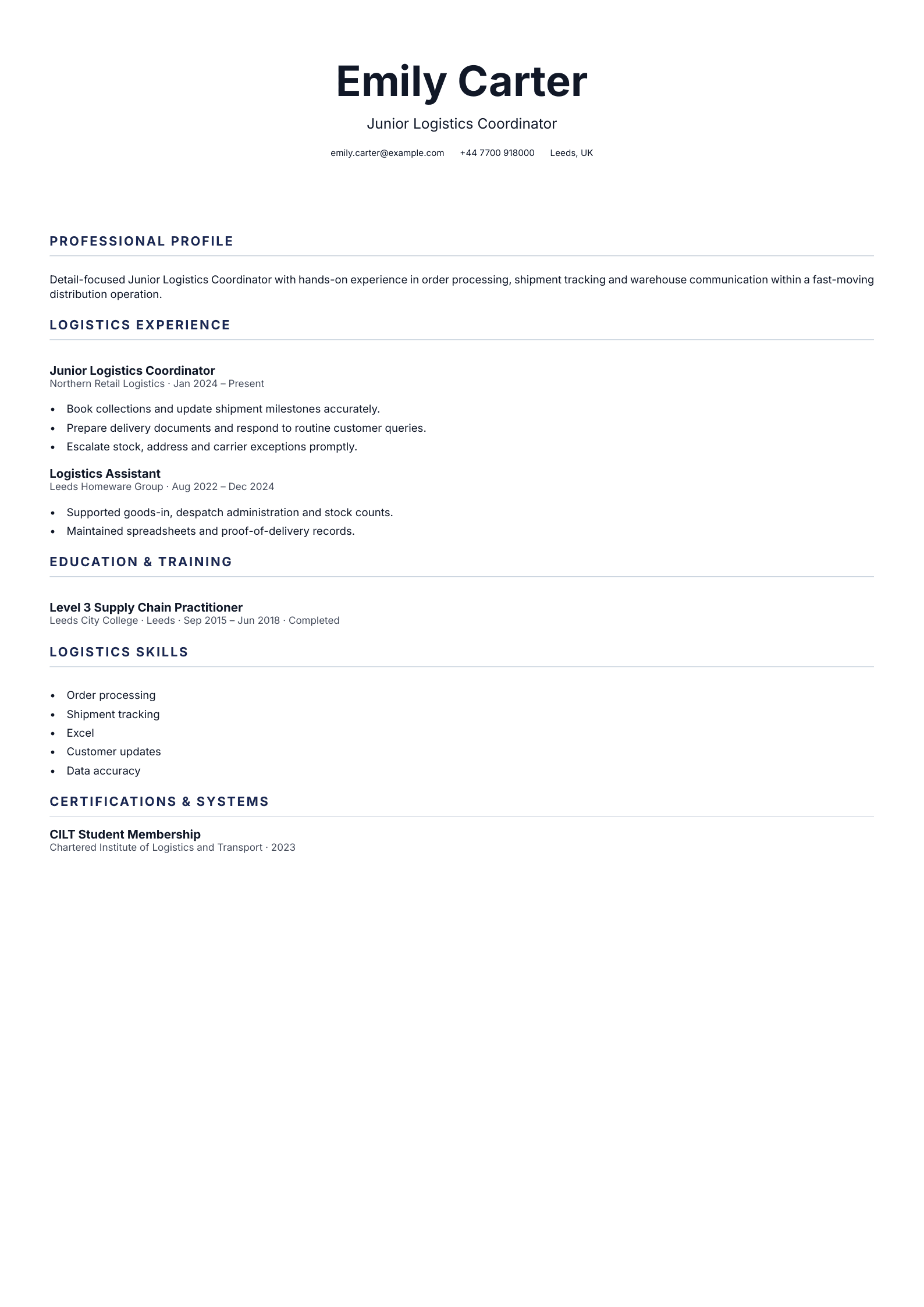 Junior Logistics Coordinator CV template