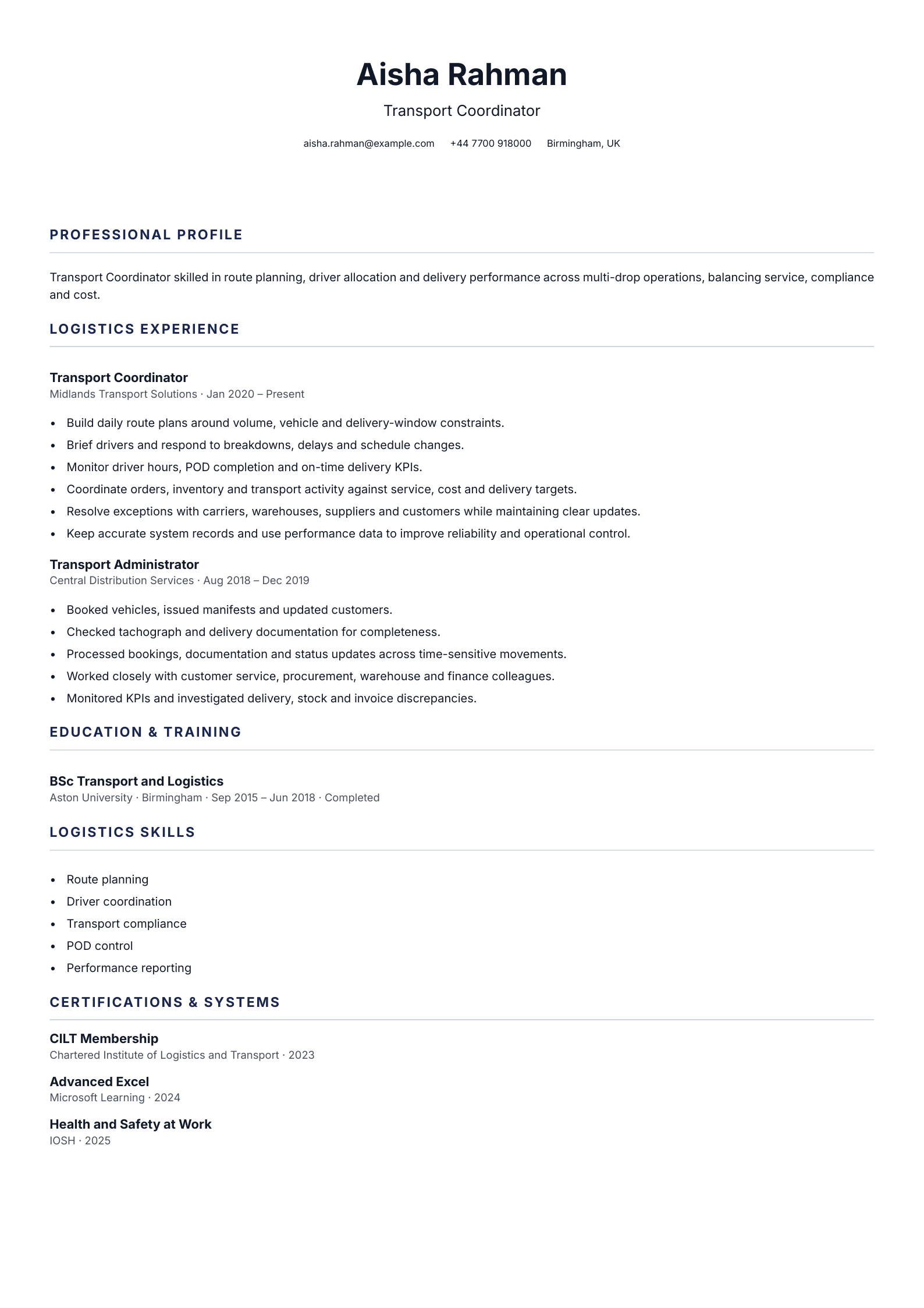Transport Coordinator CV template