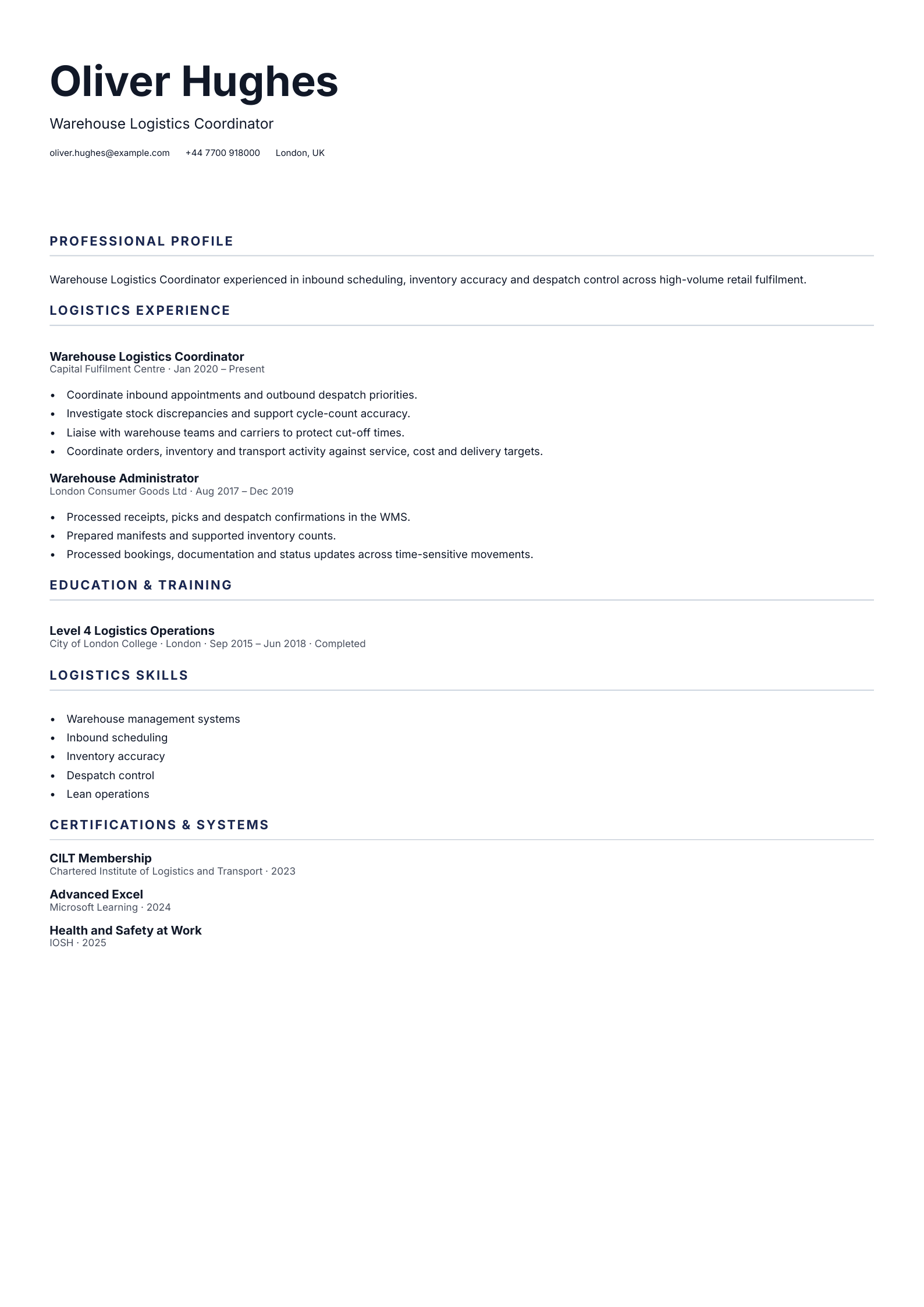 Warehouse Logistics Coordinator CV template