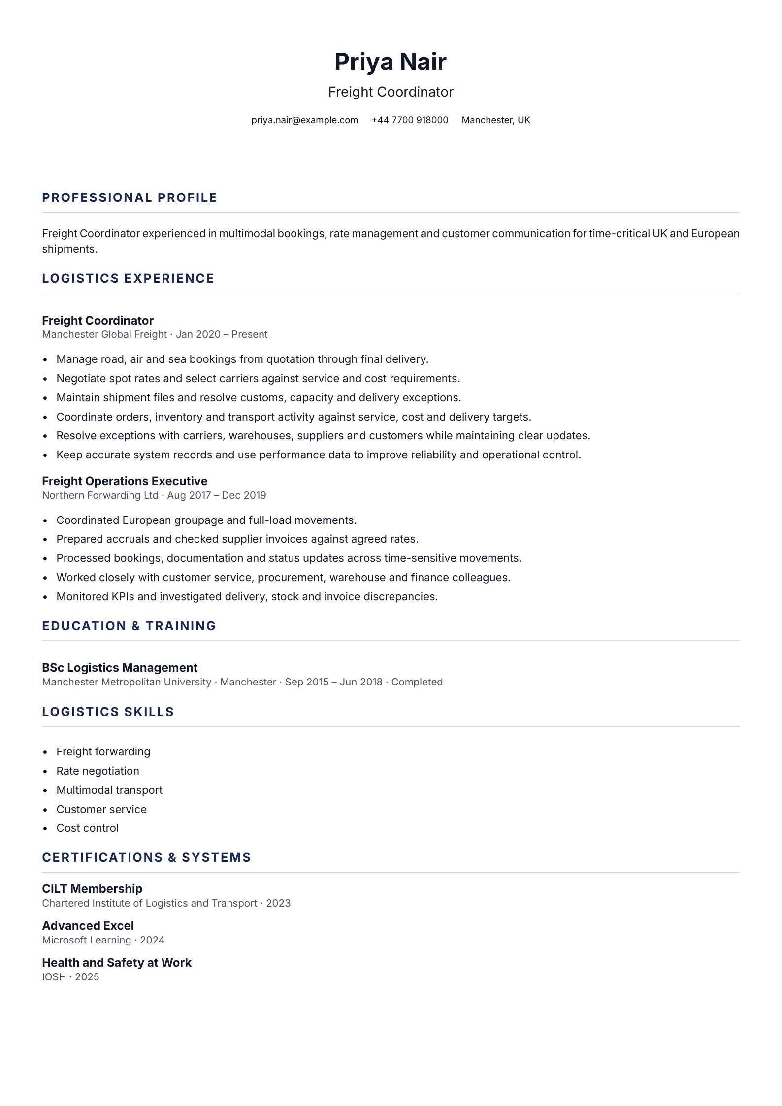 Freight Coordinator CV template