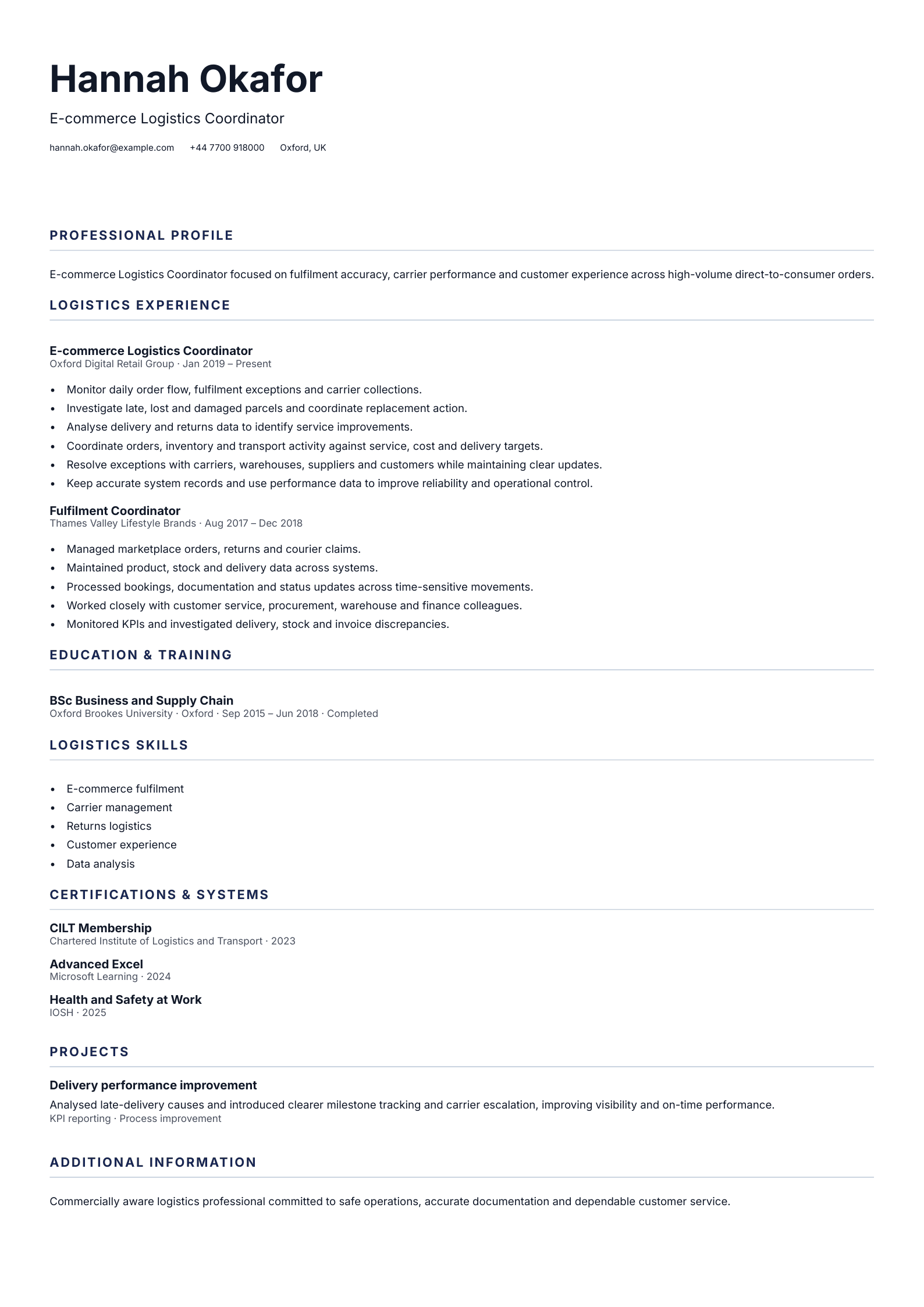 E-commerce Logistics Coordinator CV template