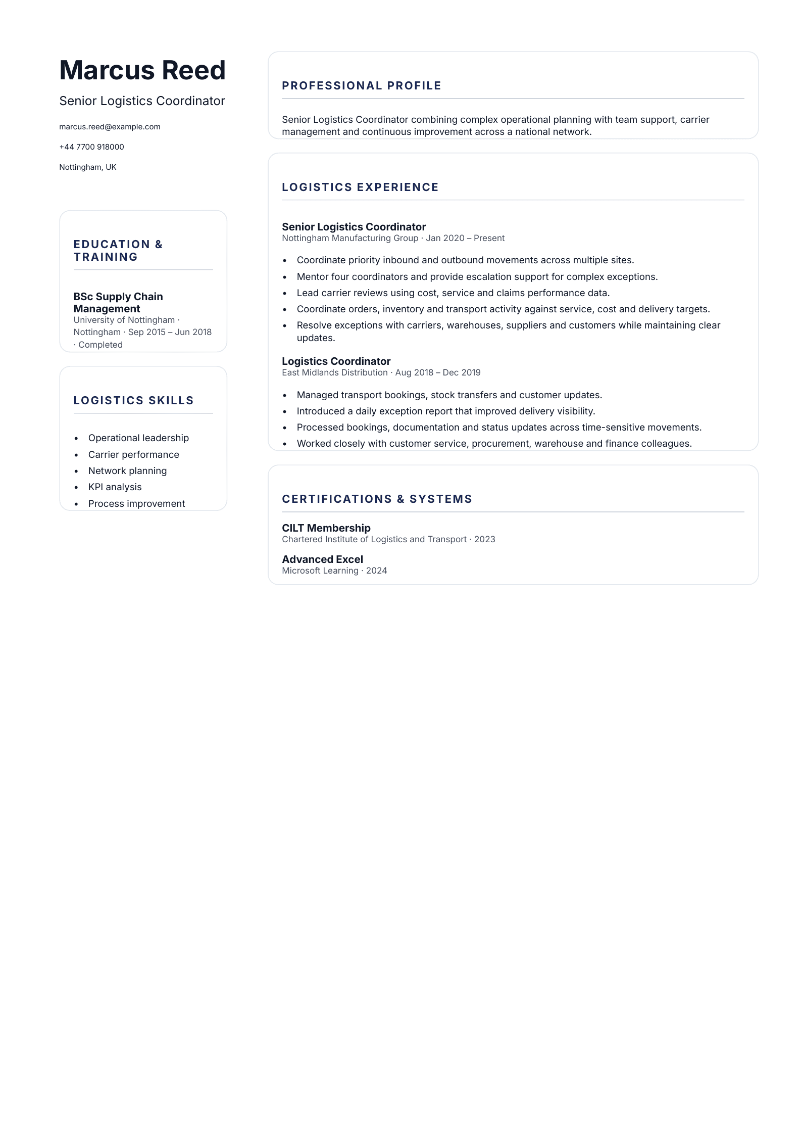 Senior Logistics Coordinator CV template