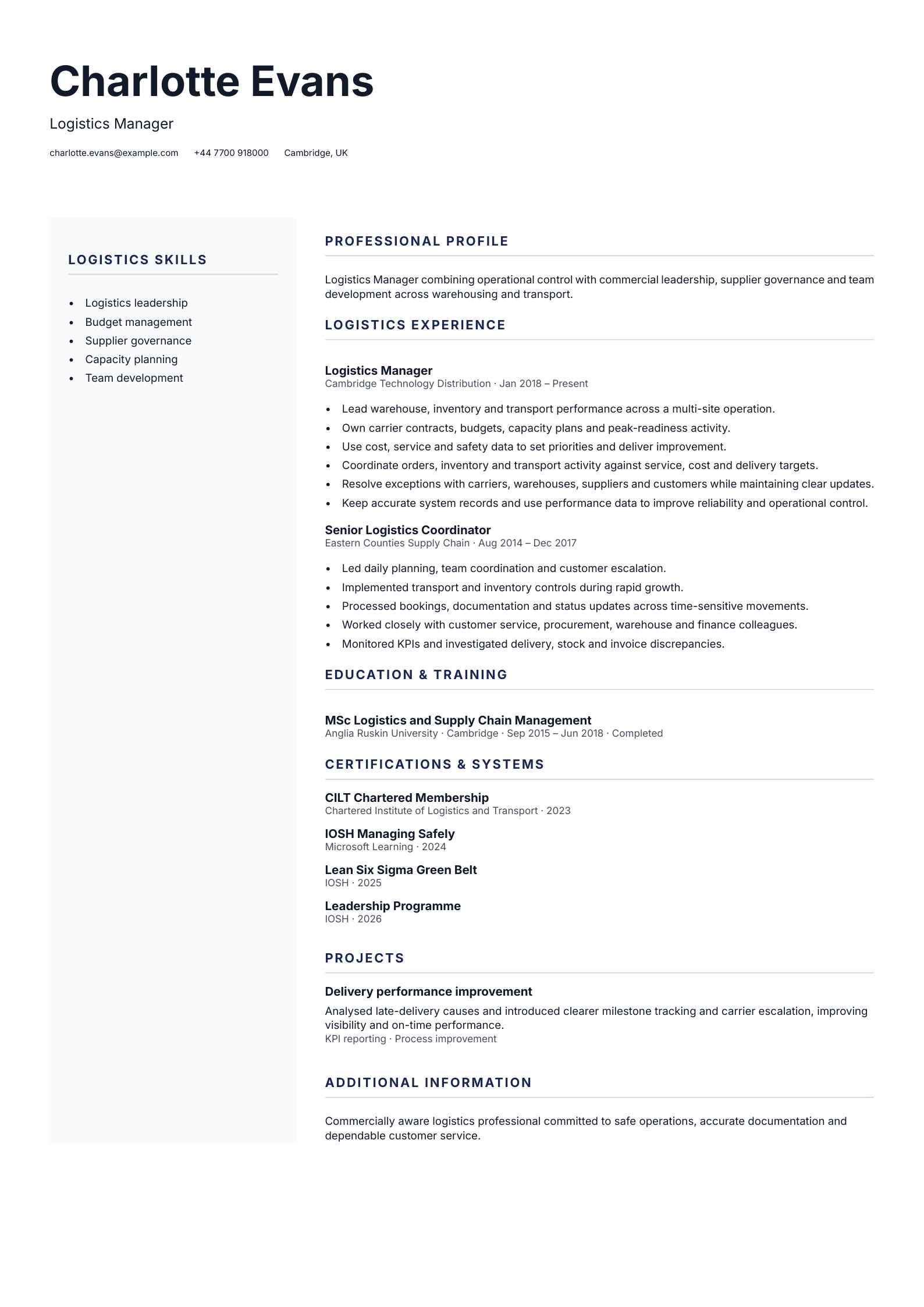 Logistics Manager CV template