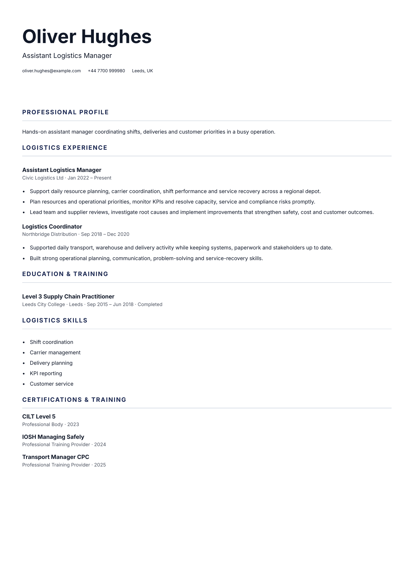 Assistant Logistics Manager CV template
