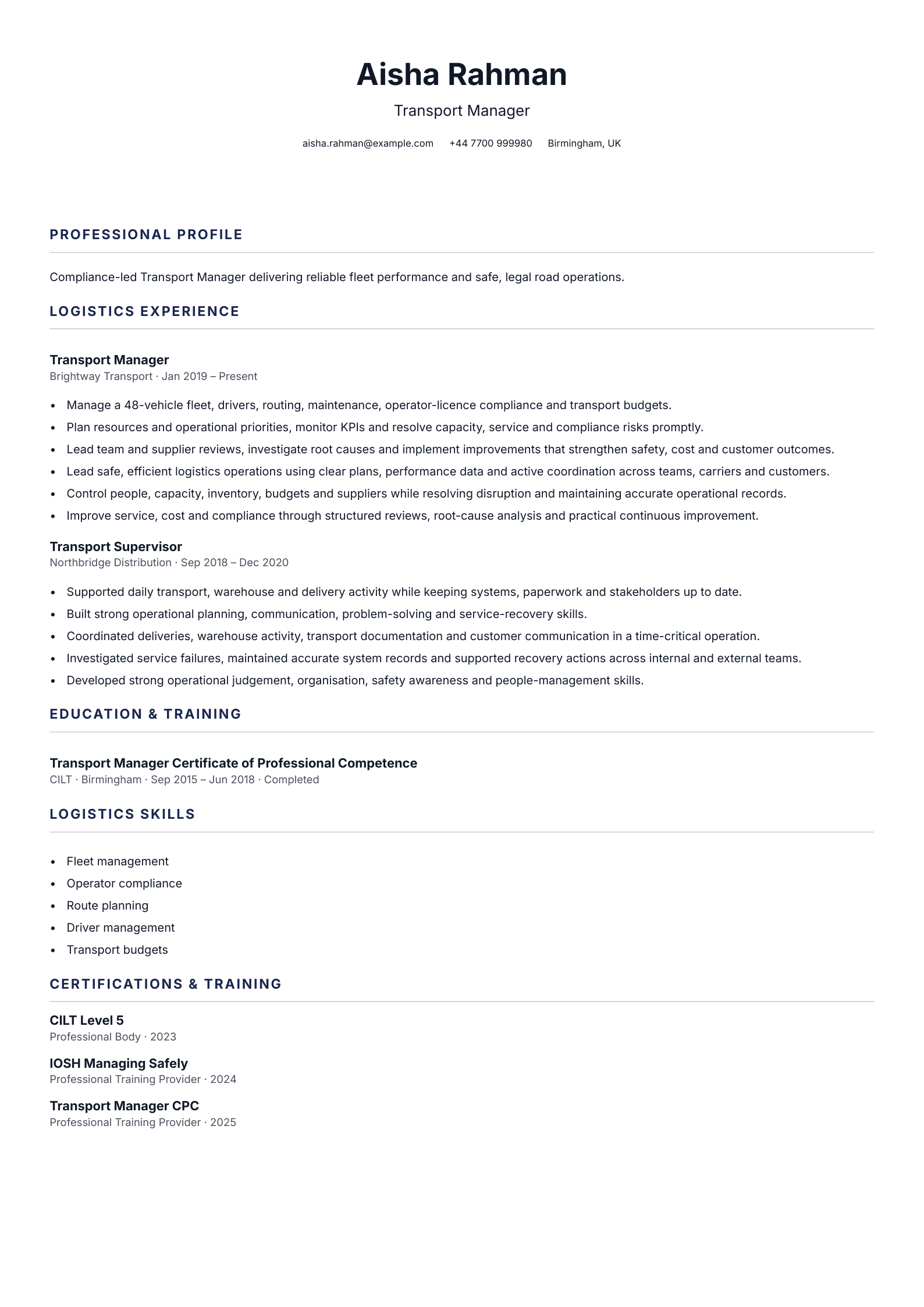 Transport Manager CV template