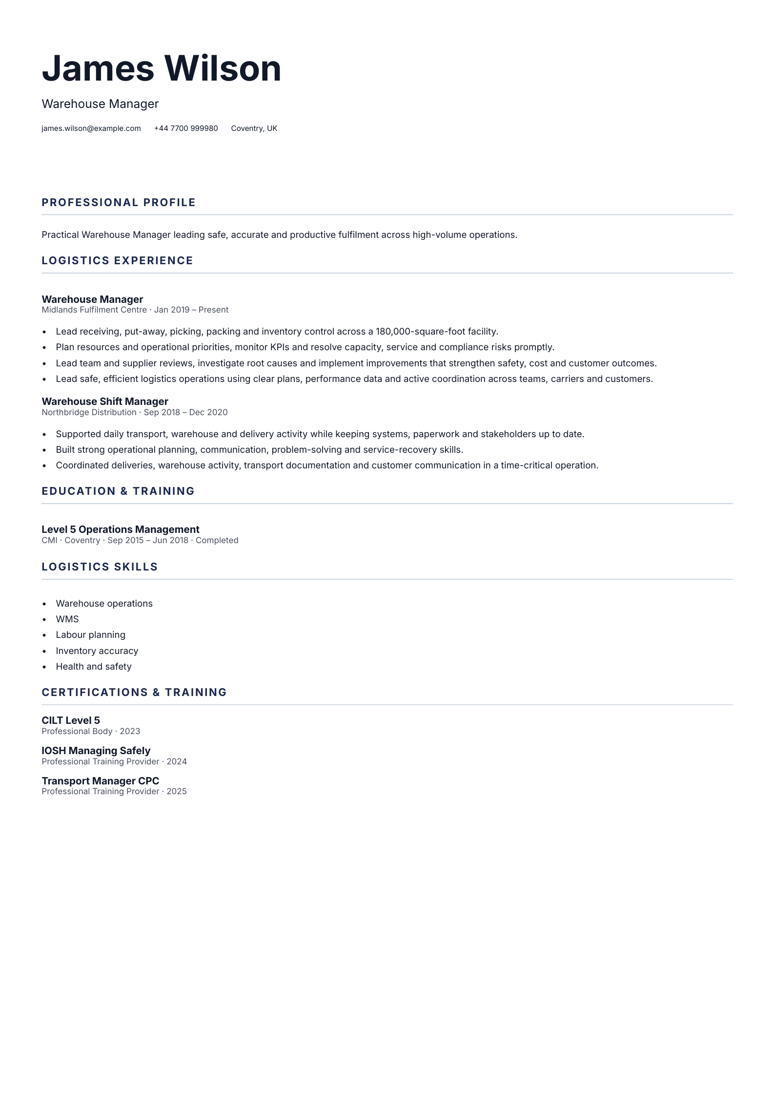 Warehouse Manager CV template