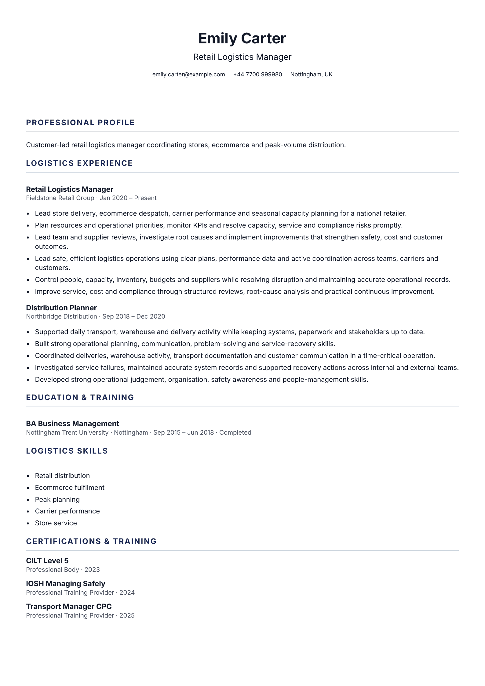 Retail Logistics Manager CV template