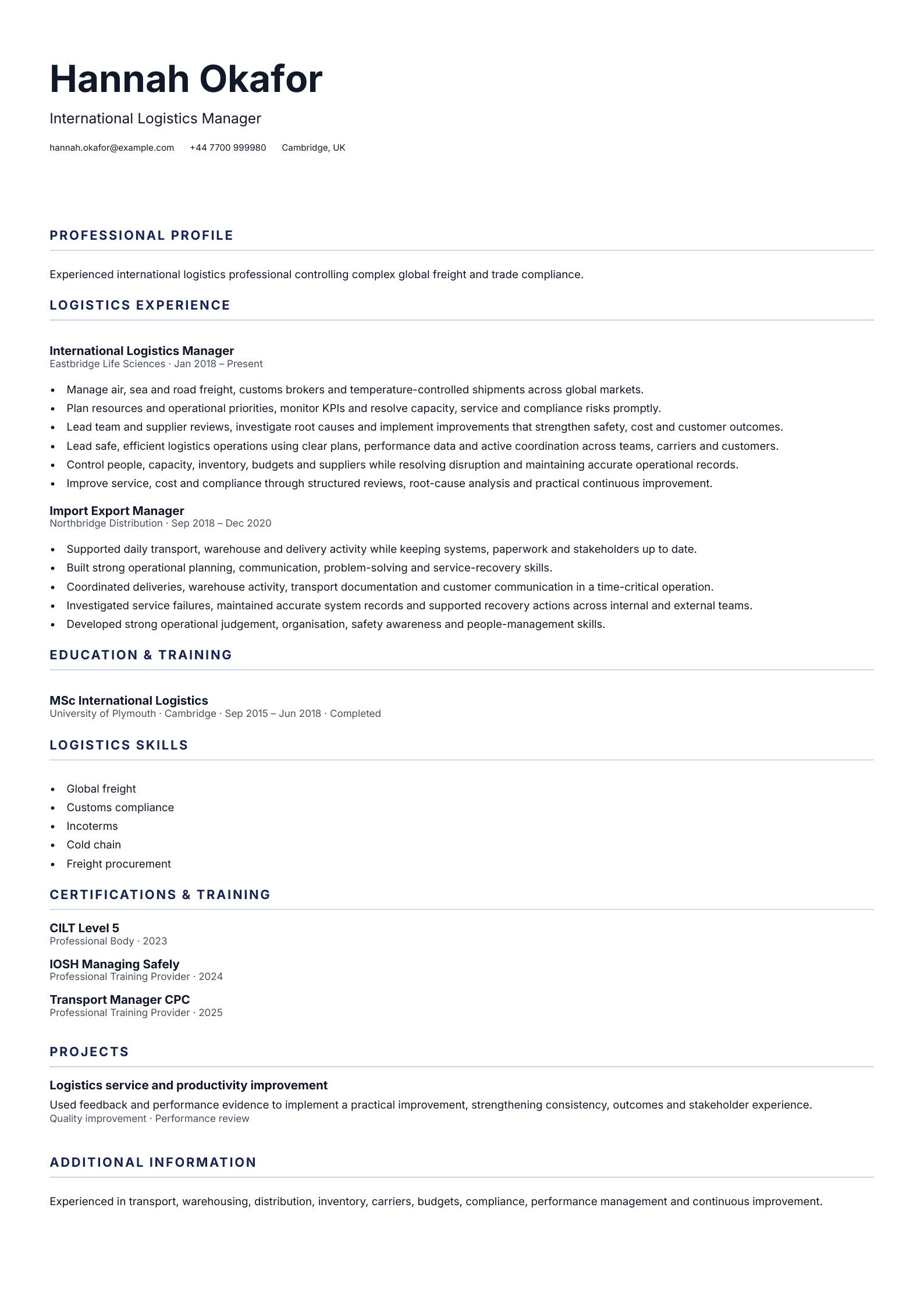 International Logistics Manager CV template